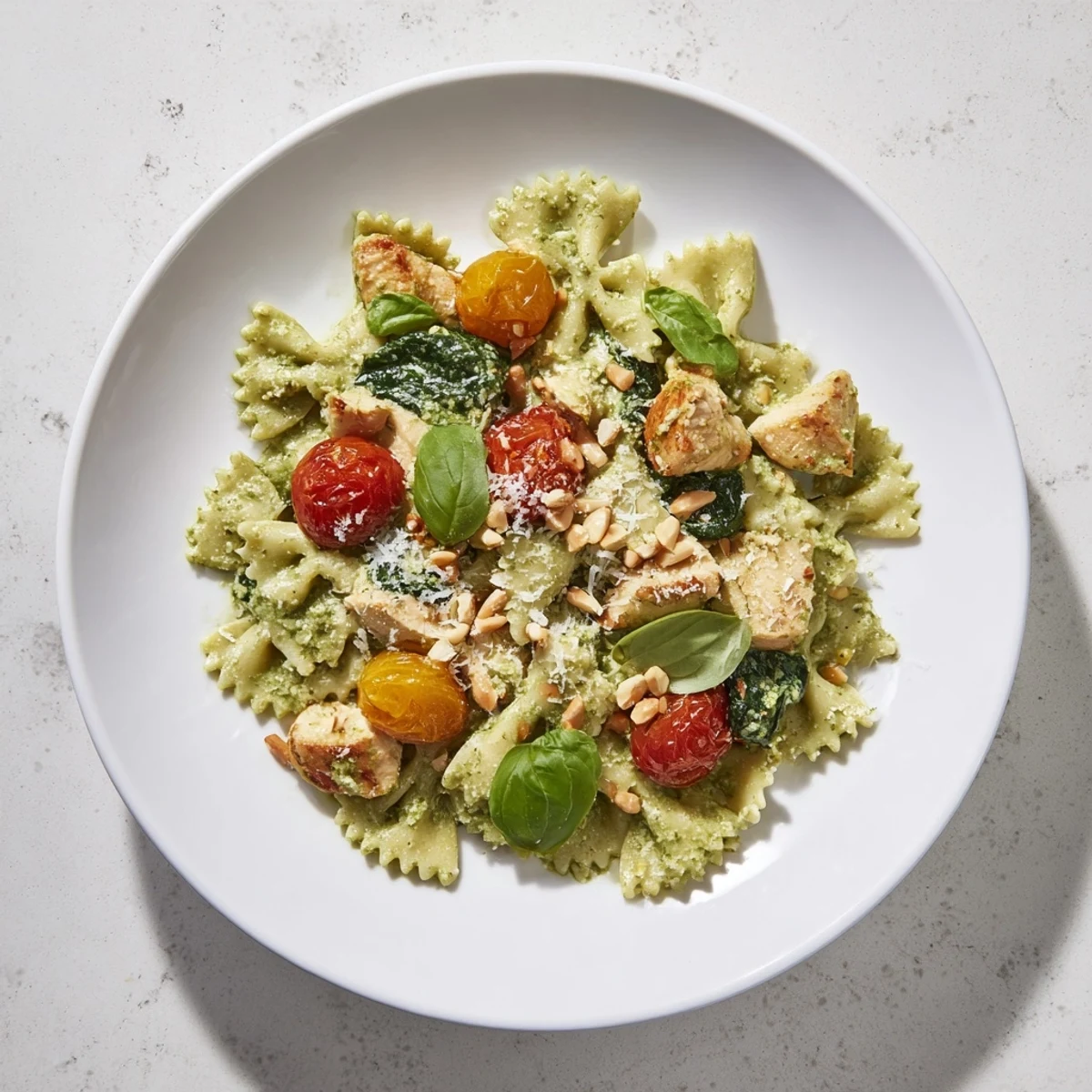 A steaming bowl of pesto chicken bowtie pasta, showcasing tender chicken pieces and vibrant sauce.