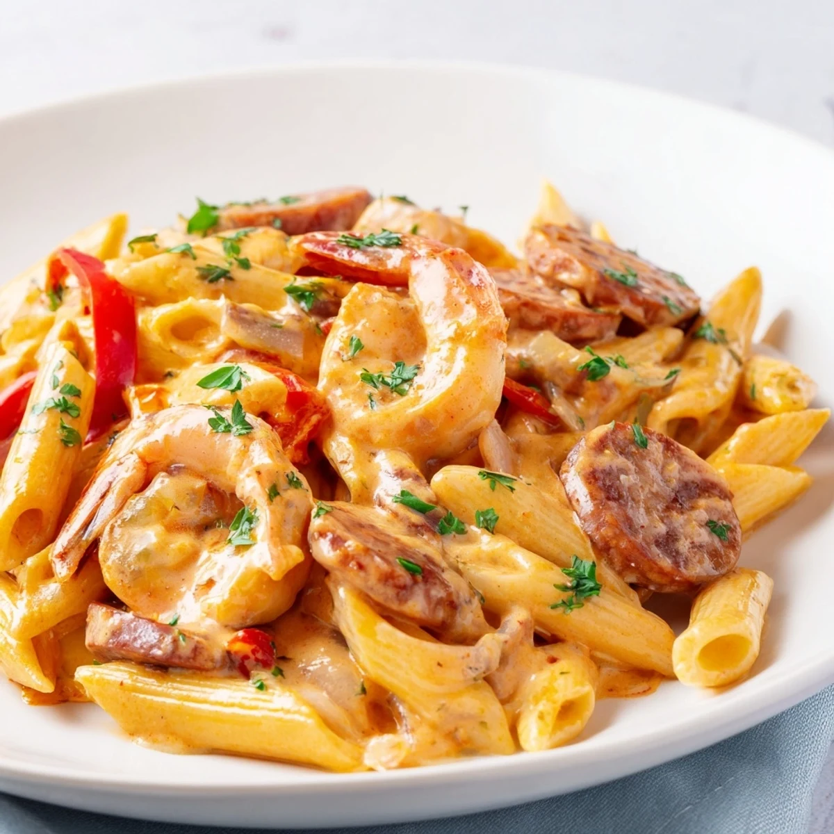 A vibrant top-down shot of Cajun Sausage & Shrimp Alfredo Pasta Skillet, ready for serving with fresh parsley.