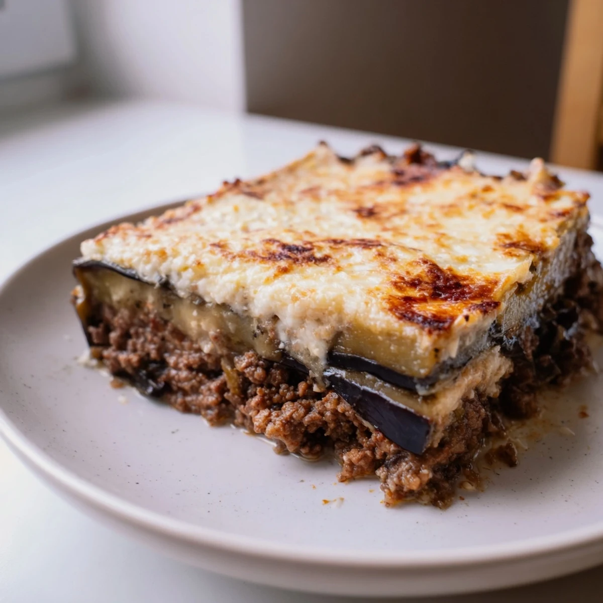 Golden-baked Moussaka with layers of eggplant, savory beef, and creamy béchamel, ideal for dinner.