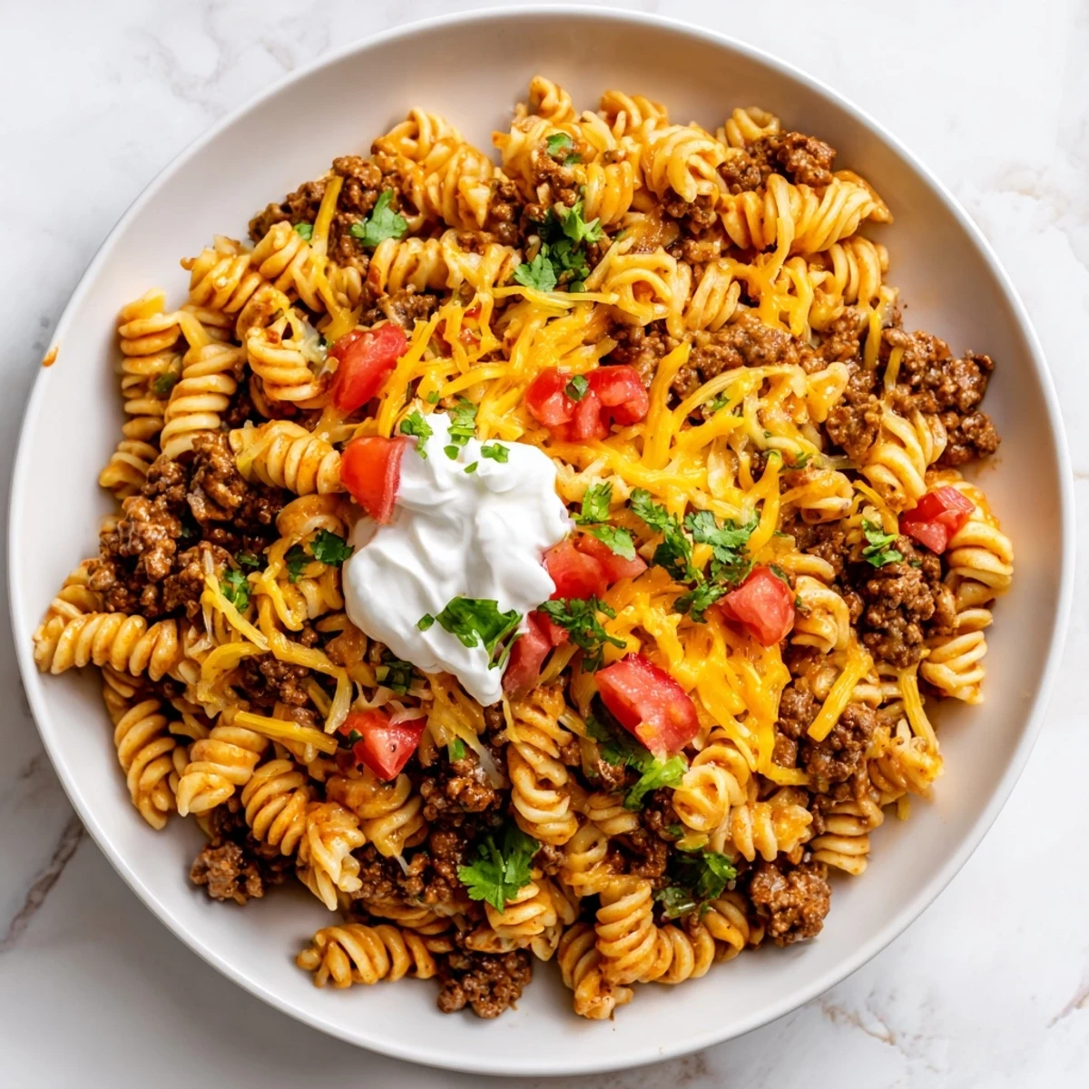 A sizzling skillet of Cheesy Taco Pasta awaits, topped with melted cheese, perfect for dinner.