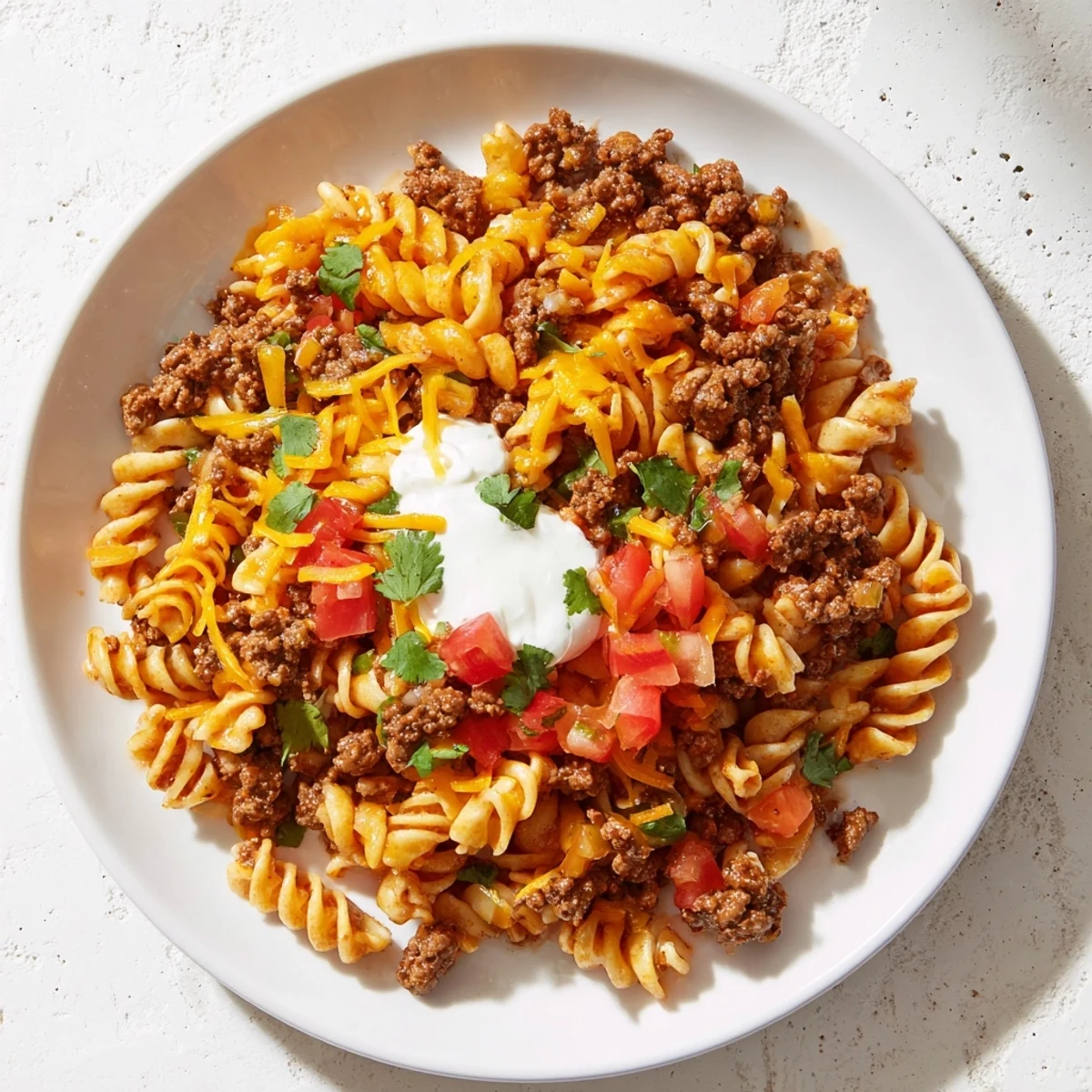 This Cheesy Taco Pasta skillet showcases bubbling, cheesy goodness, ideal with fresh cilantro garnish.