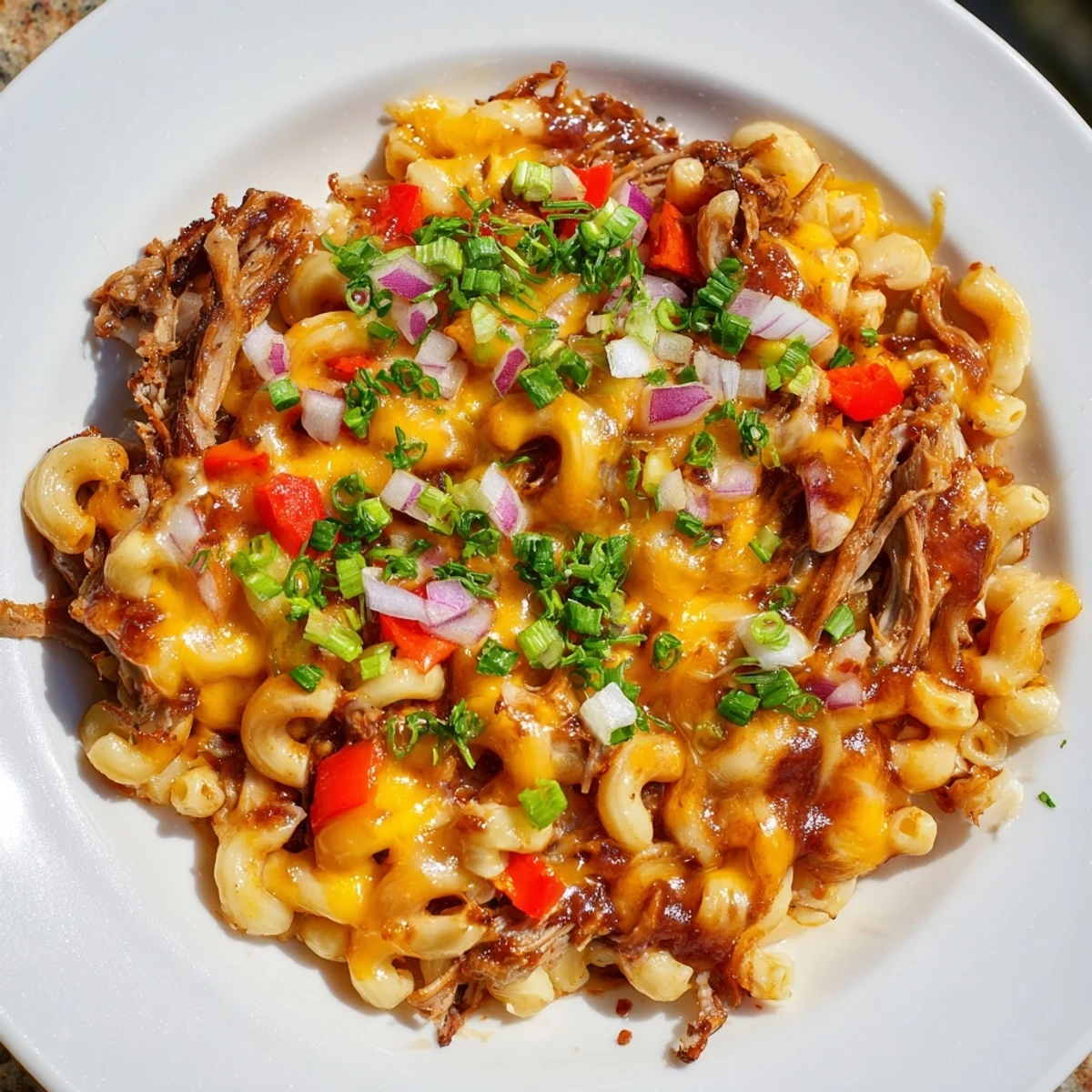 BBQ Rib Macaroni Skillet bubbling hot from the oven, with melted cheese and tender pork.