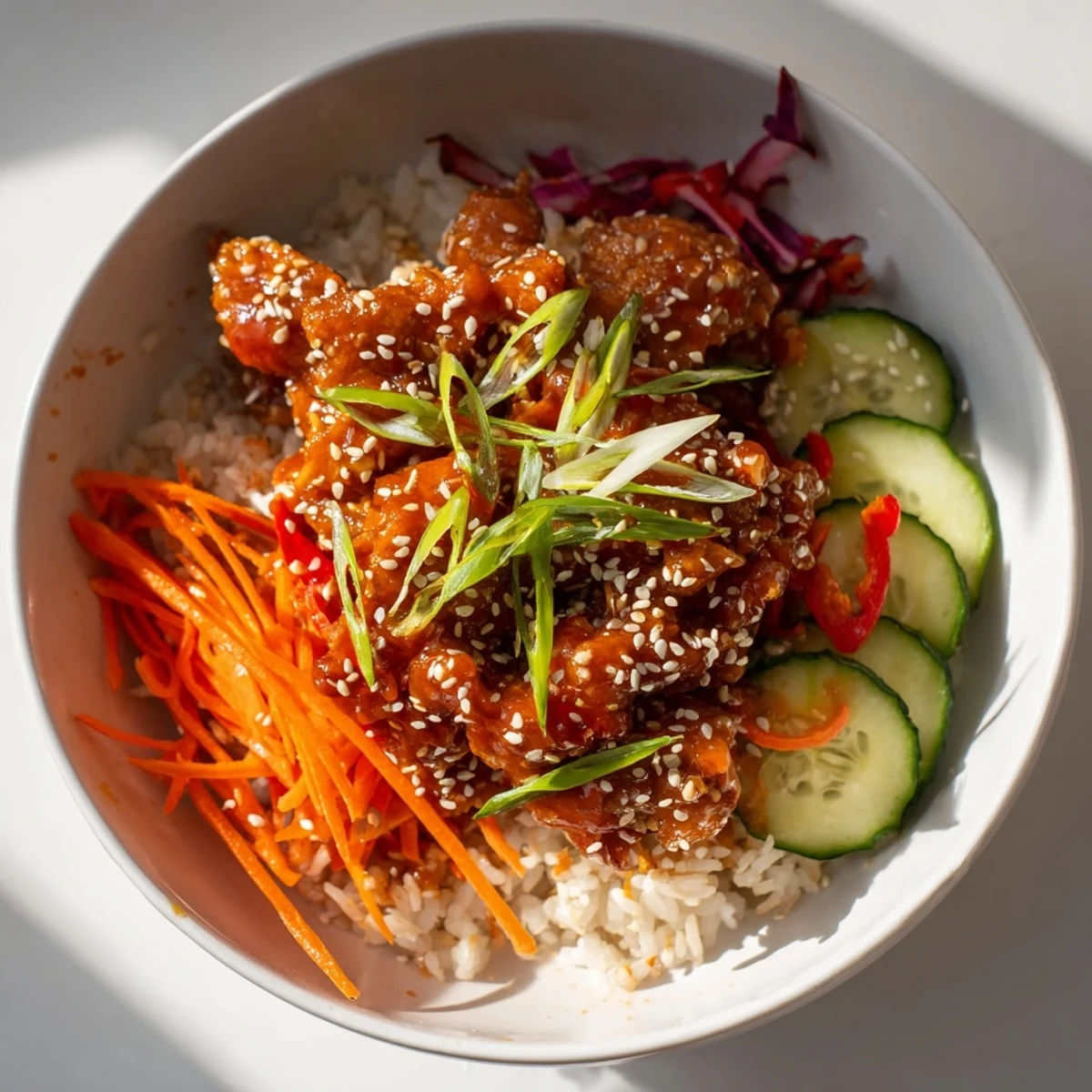 A colorful bowl of Sriracha Honey Chicken Rice Bowl, garnished with crisp vegetables and sesame seeds.