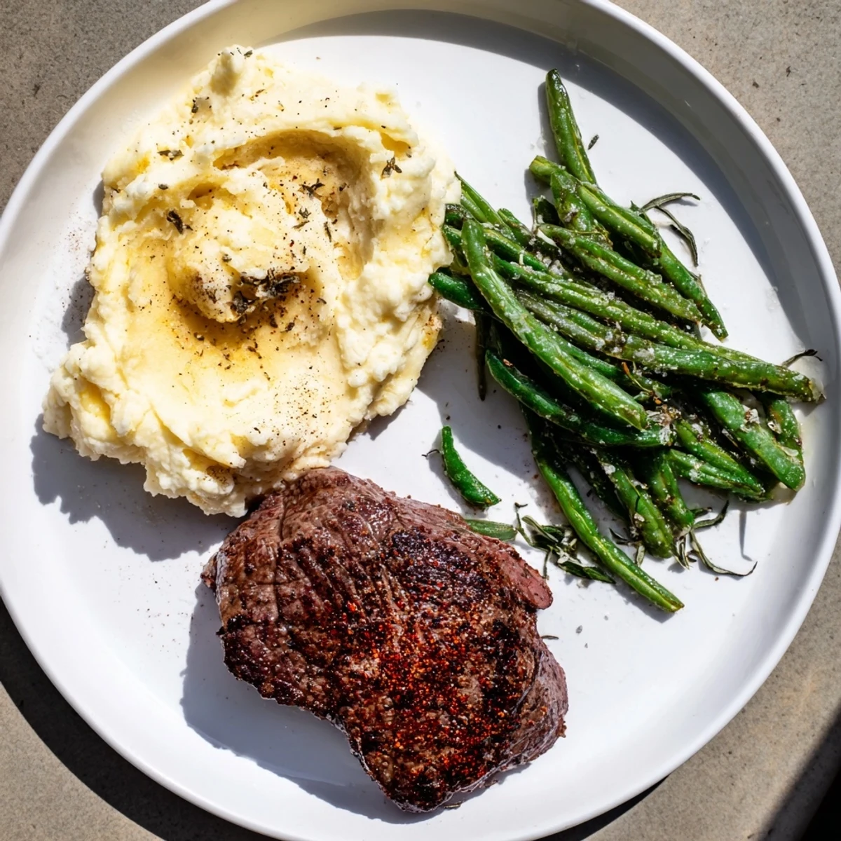 Sheet pan steak & garlic mash: Tender steak atop creamy garlic mashed potatoes, ready to be enjoyed.