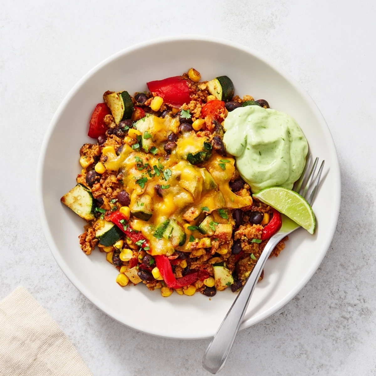 Vibrant veggie-packed taco skillet with melted cheese and creamy avocado yogurt, ready to eat.