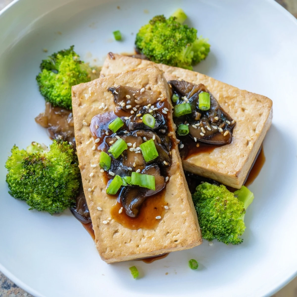 Golden-brown Sautéed Tofu Steak with Broccoli, a vegan delight ready to savor, drizzled in soy sauce.