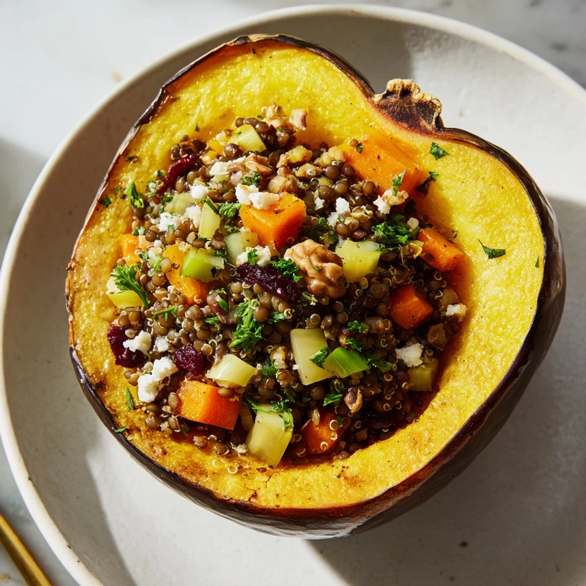 Enjoy a warm plate of Lentil & Walnut Stuffed Acorn Squash, bursting with flavorful ingredients.