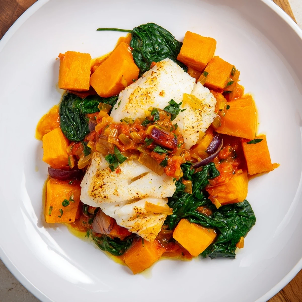 A close-up of flaky baked Cod nestled amongst colorful roasted butternut squash and herbs.