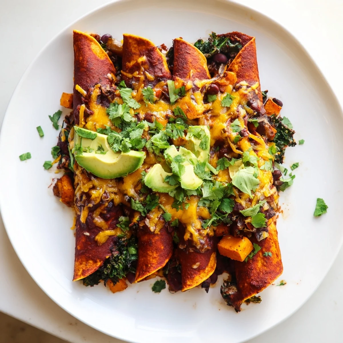 Golden bubbly cheese tops these flavorful one-pan sweet potato, black bean & kale enchiladas, ready to be enjoyed.