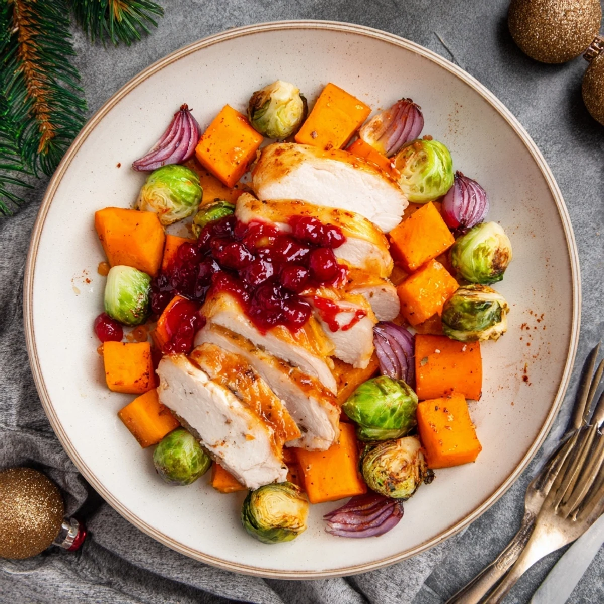 Juicy sheet-pan roasted turkey breast with colorful winter vegetables and shiny cranberry glaze.