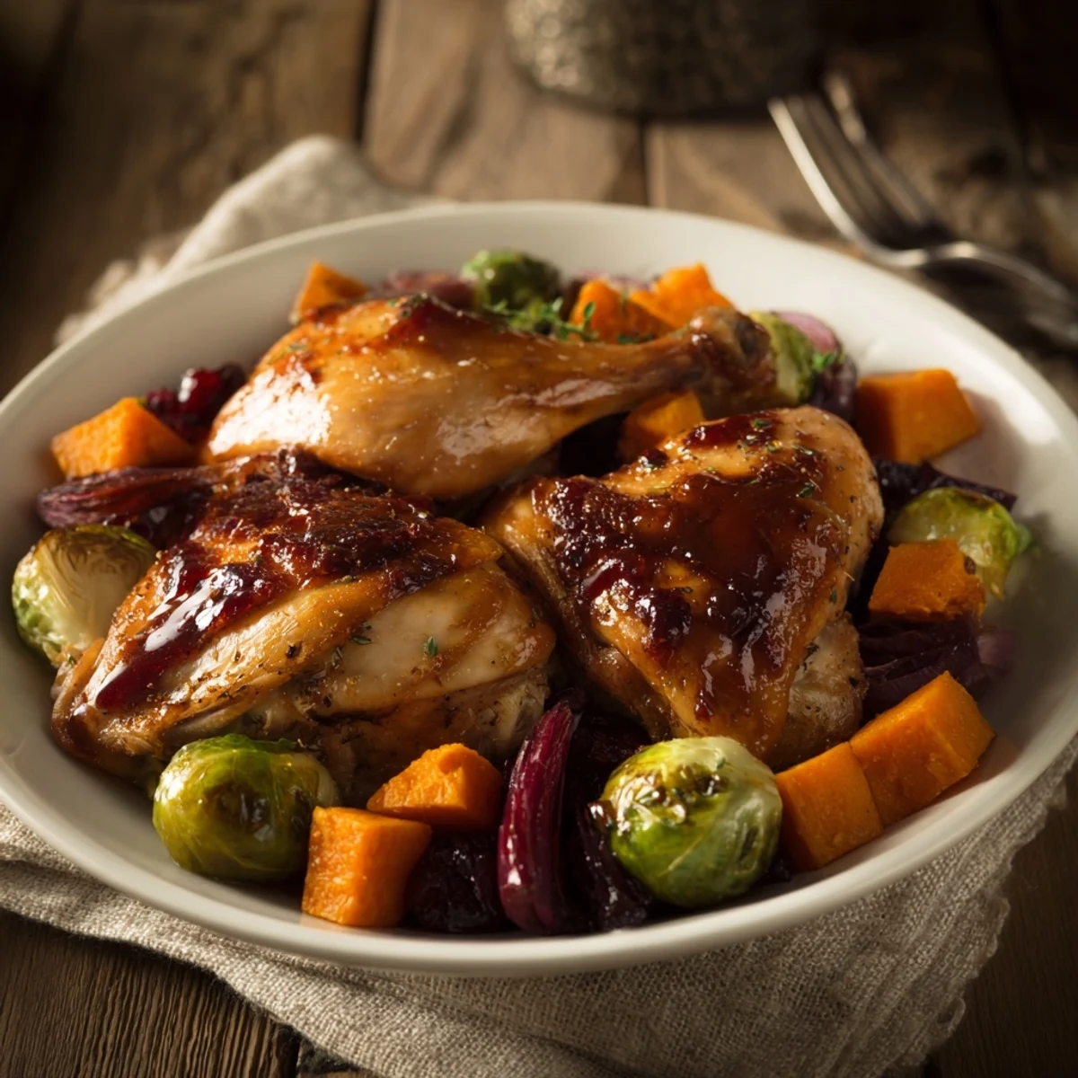 A close-up of sheet-pan roasted turkey breast, vegetables, and cranberry glaze, ready to serve.