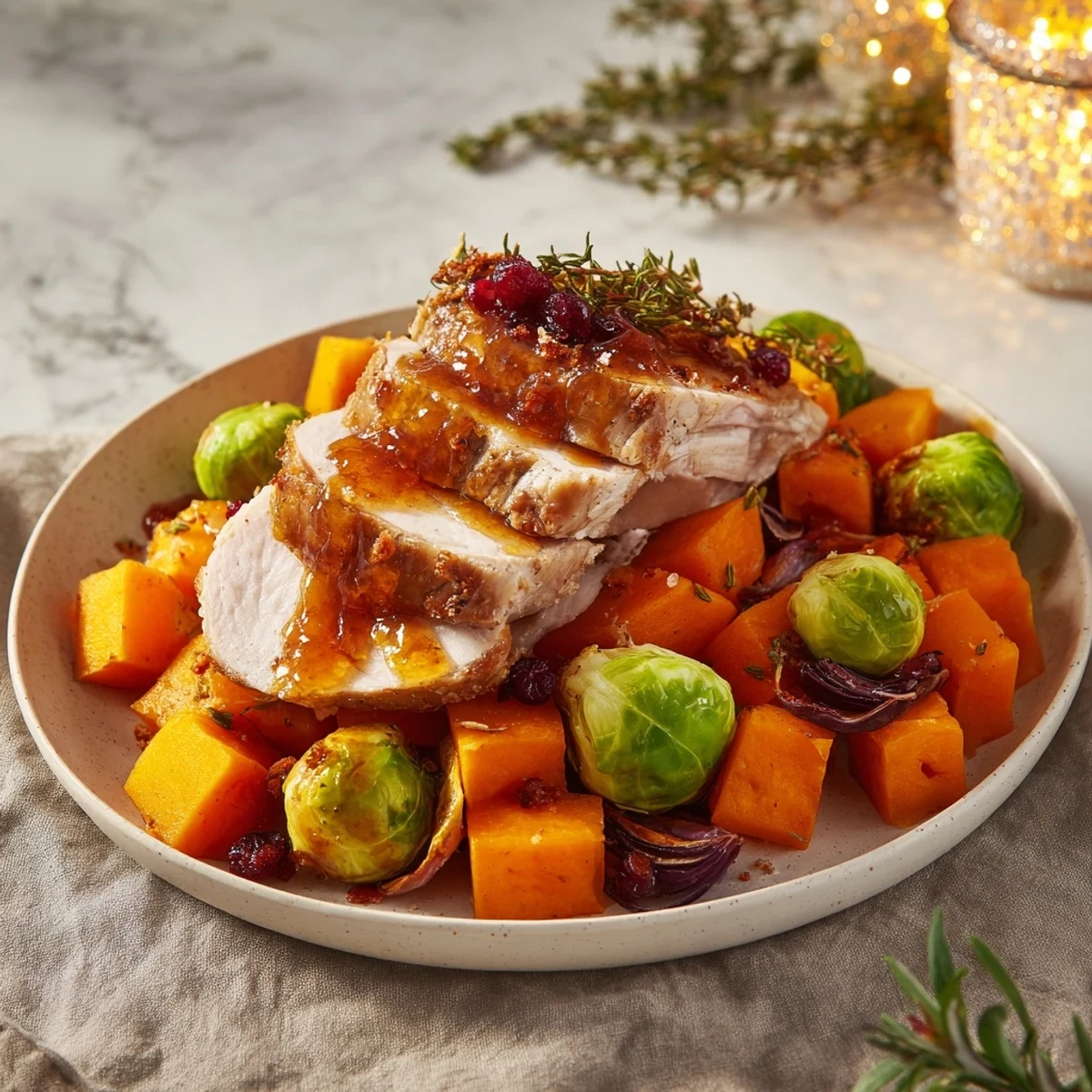 Tender, slow-roasted sheet-pan turkey breast with winter veggies, topped with a sweet cranberry glaze.