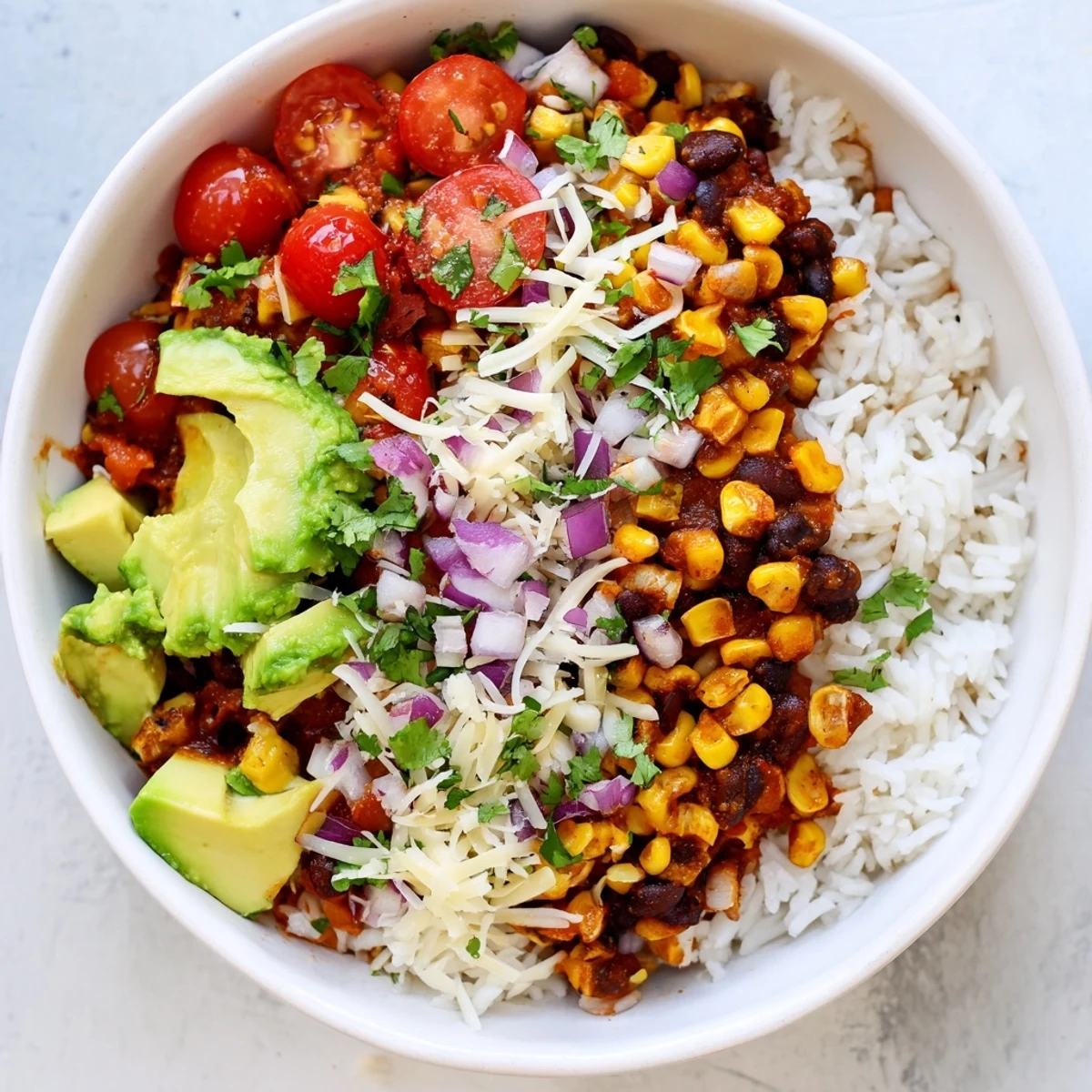 Steaming Rice, Bean, and Corn Burrito Bowls visually burst with colorful toppings ideal for a quick, flavorful dinner.