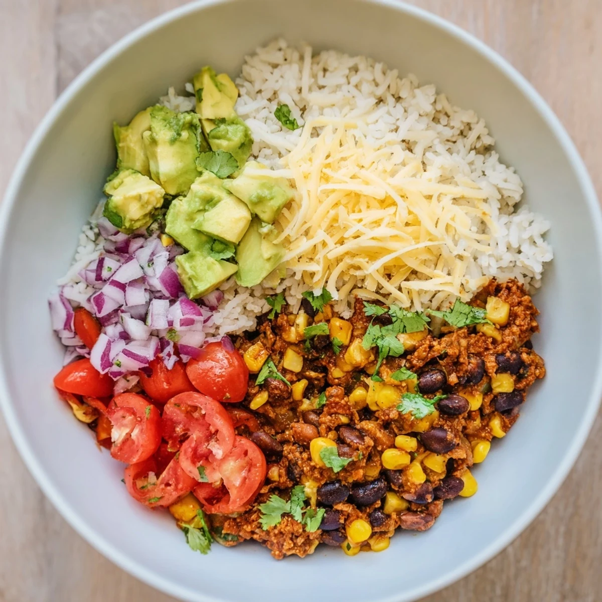 Looking at warm Rice, Bean, and Corn Burrito Bowls, you can imagine fresh cilantro and creamy avocado alongside the seasoned beans.