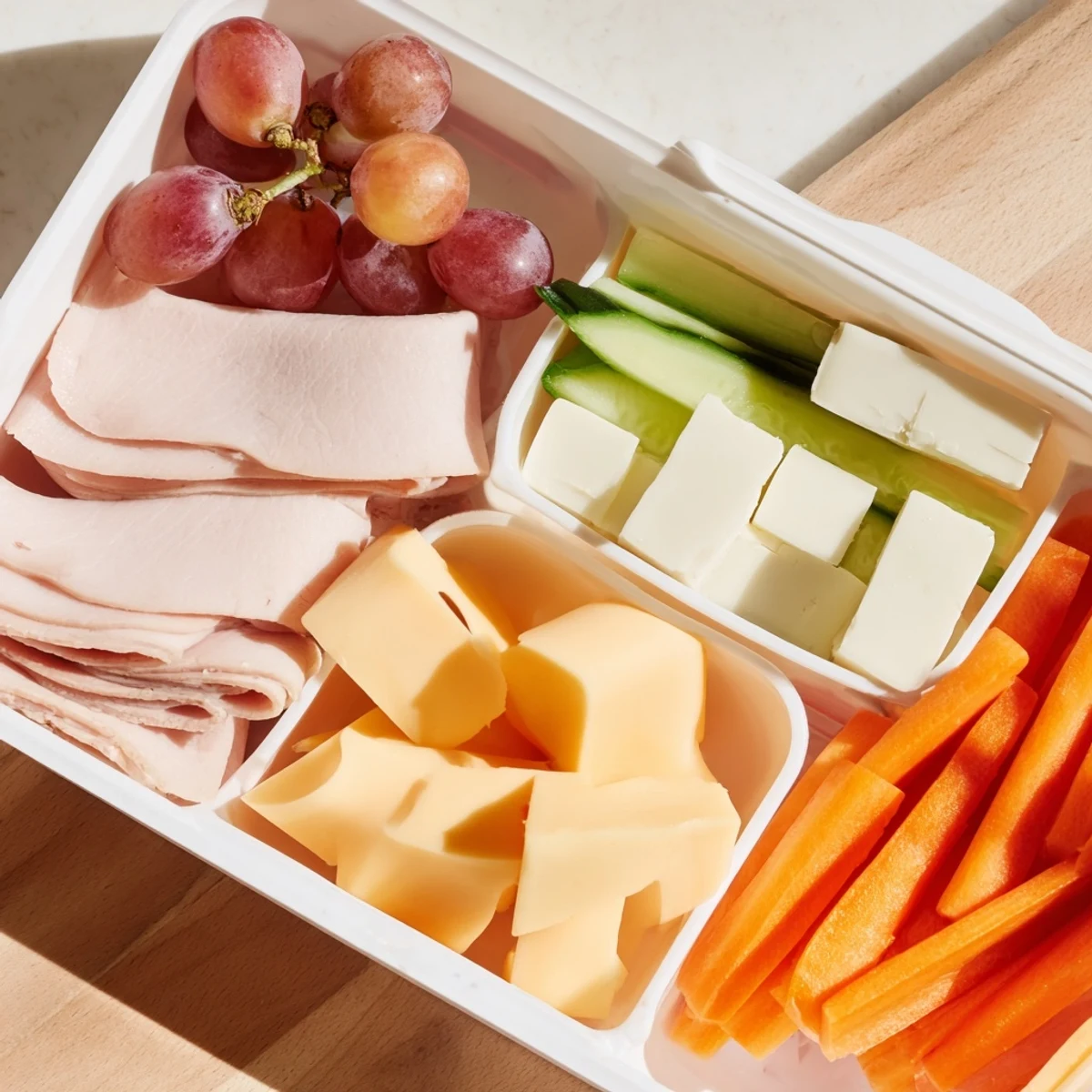 DIY Lunchables Tray packed with colorful meats, cheeses, crackers, and crisp veggies for lunch.