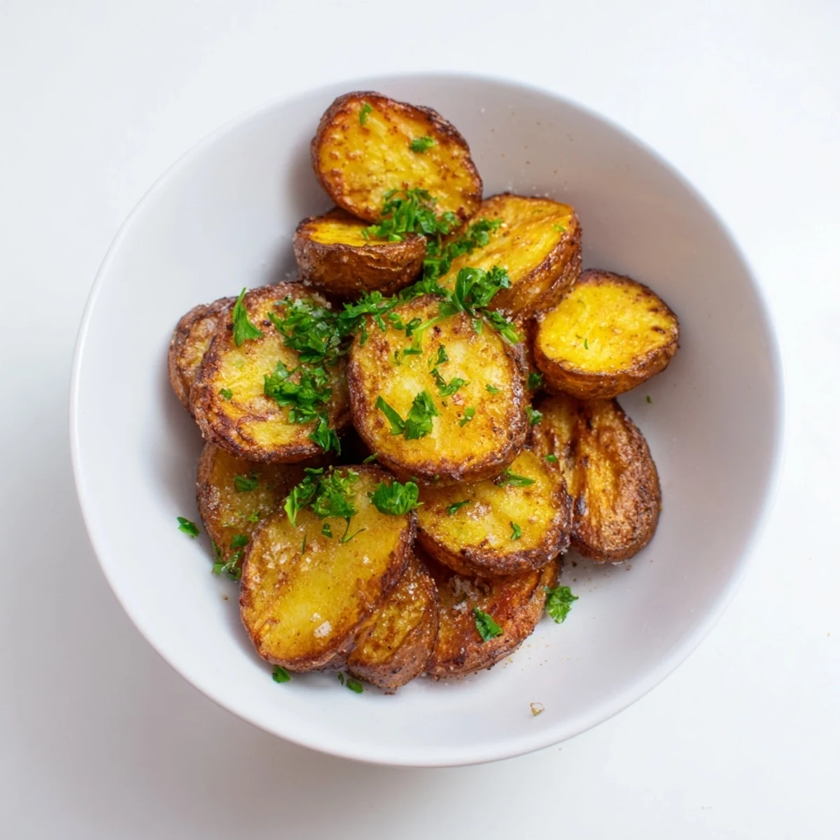 Golden, crispy 15-Minute Microwave Crispy Potatoes, perfect quick side, sprinkled with fresh parsley and flaky salt.
