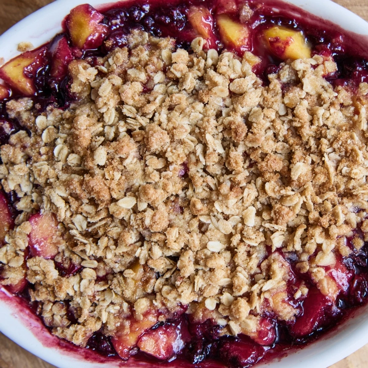 A close-up photo of fruit crisp, showing the sweet, bubbling fruit filling under a crunchy oat crumble.