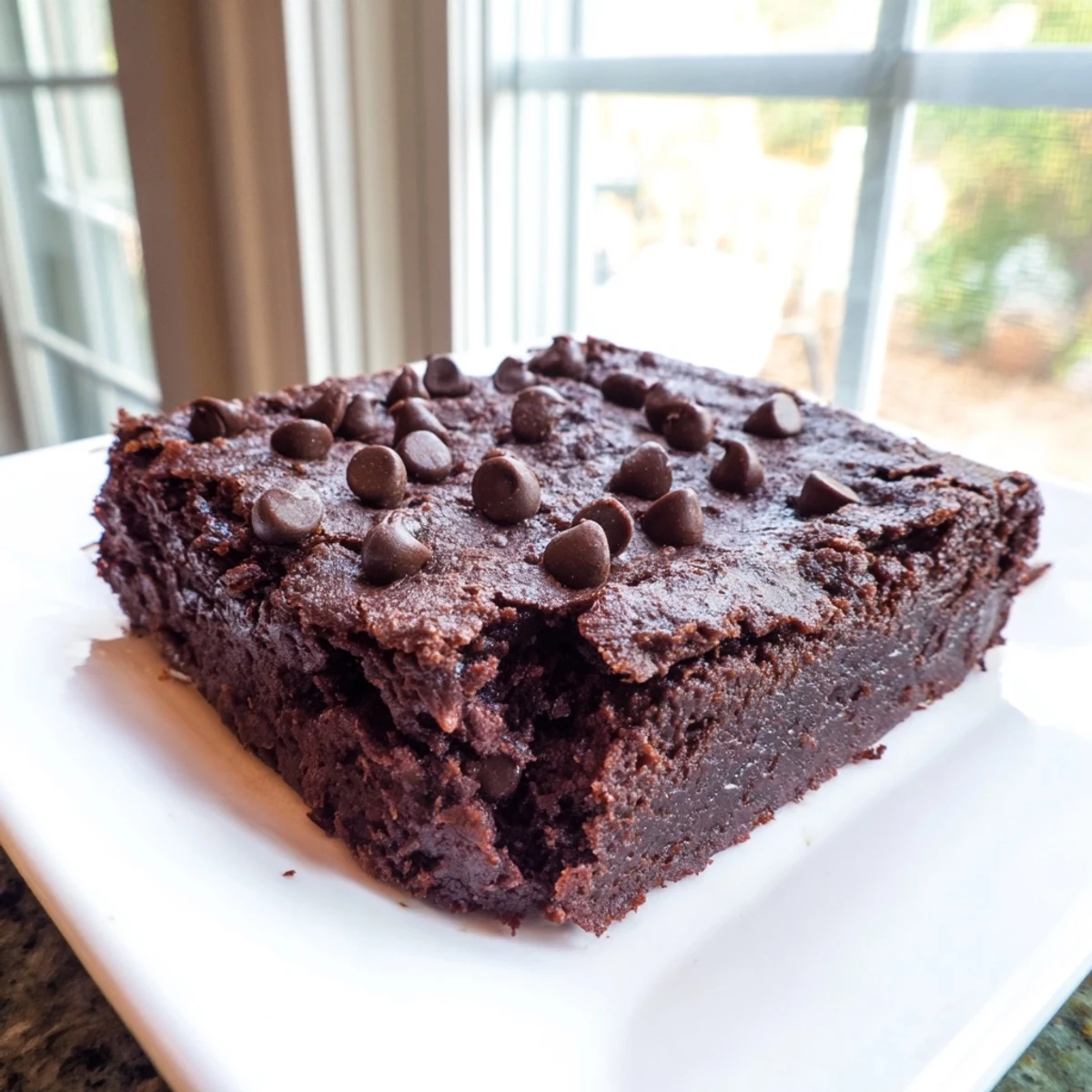 Close-up of moist, dark Black Bean Brownies, showcasing a healthier dessert's rich texture.