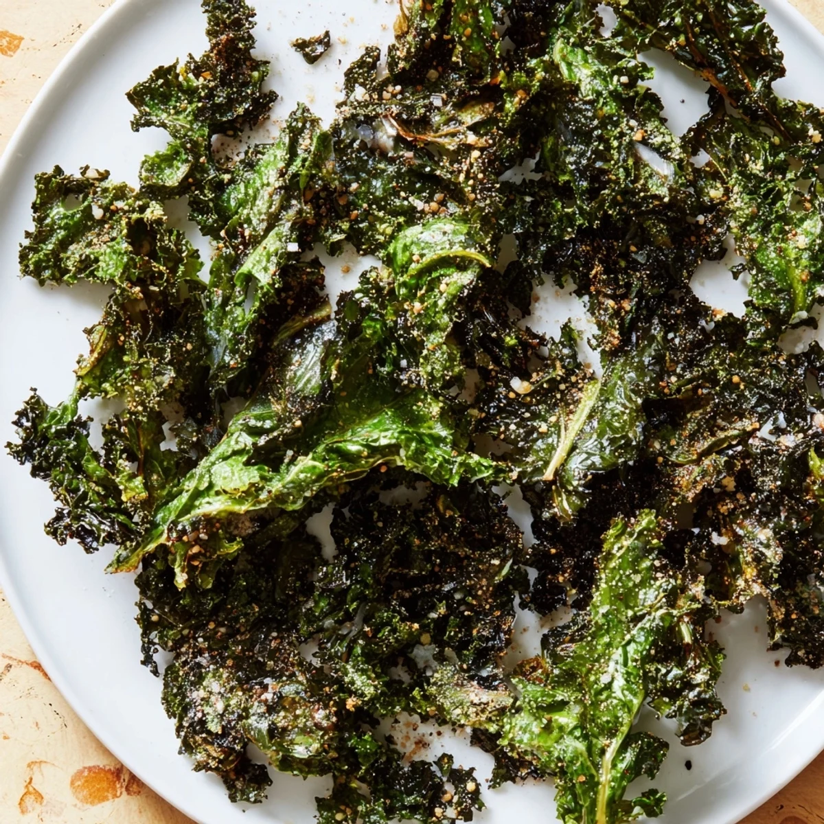 Golden, crispy baked kale chips, a healthy snack with sea salt and pepper seasoning.