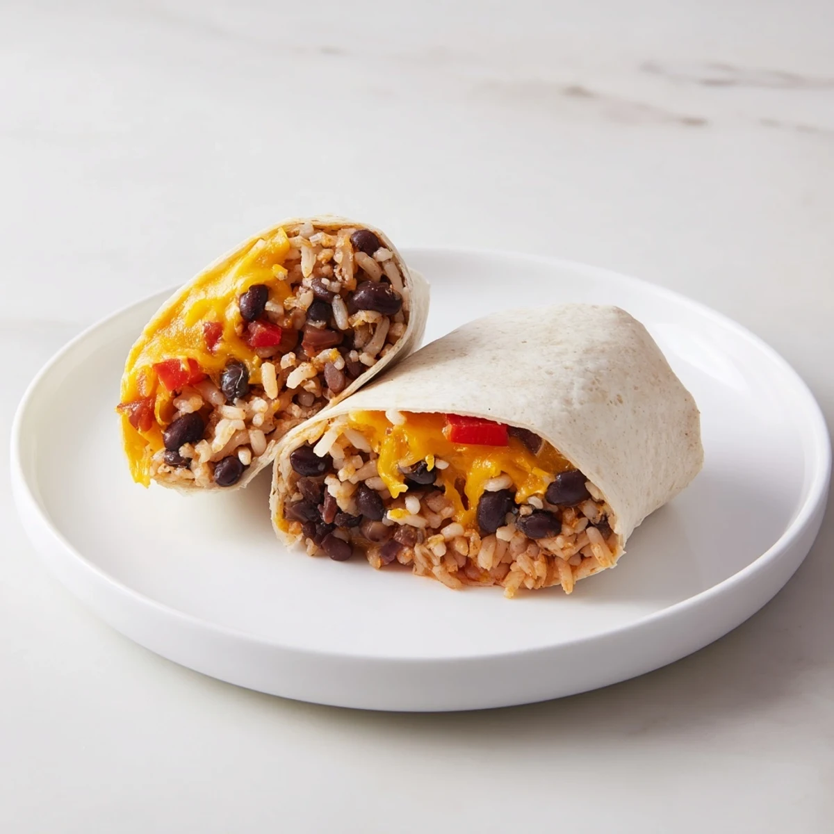 Steaming plate with easy freezer-friendly burritos; imagine the savory taste of Mexican flavors.