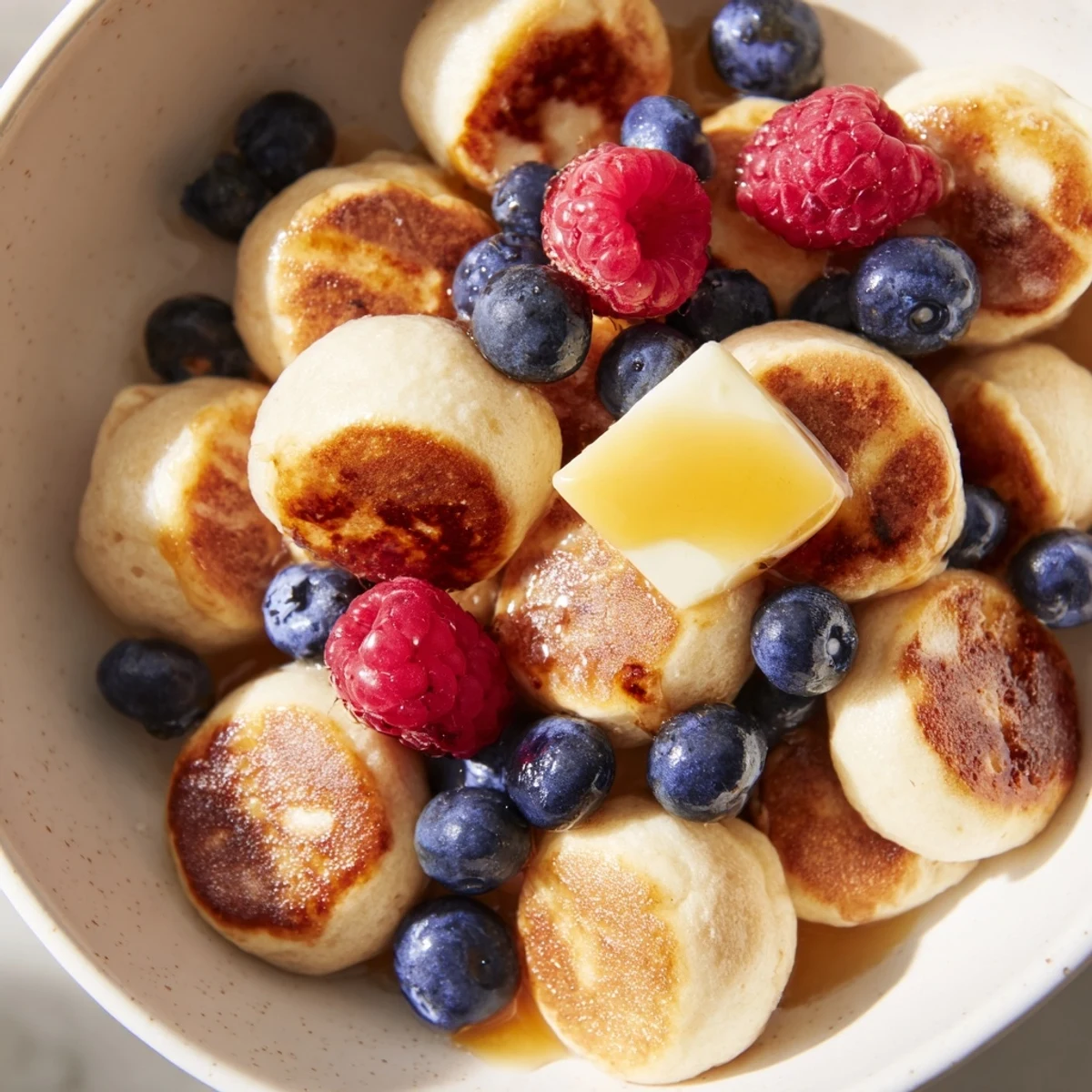 Fluffy pancake cereal topped with sweet syrup and berries, a delightful breakfast treat.