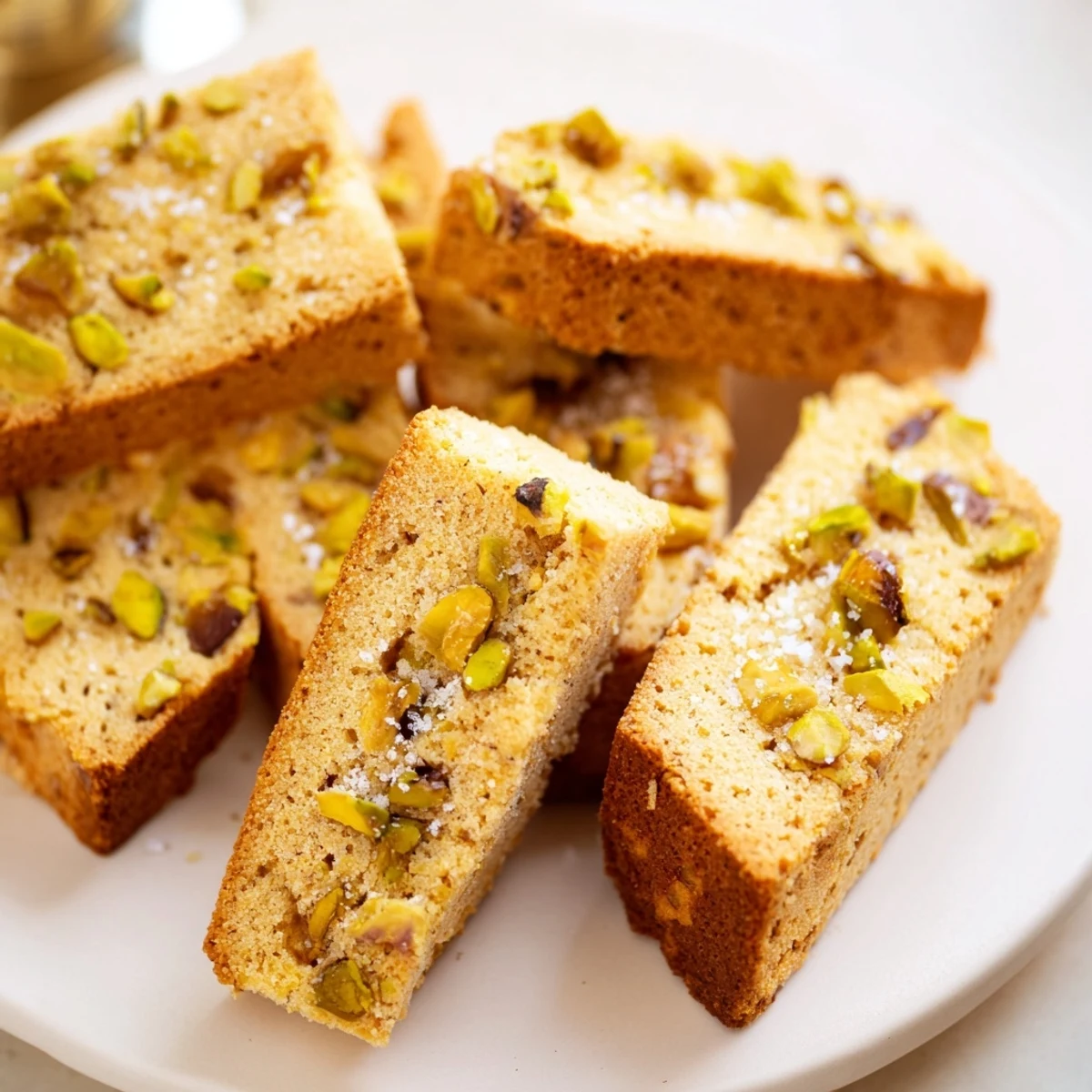 Close-up of golden Salted Pistachio Slice & Bake Shortbread cookies, perfectly crisp with flaky sea salt.