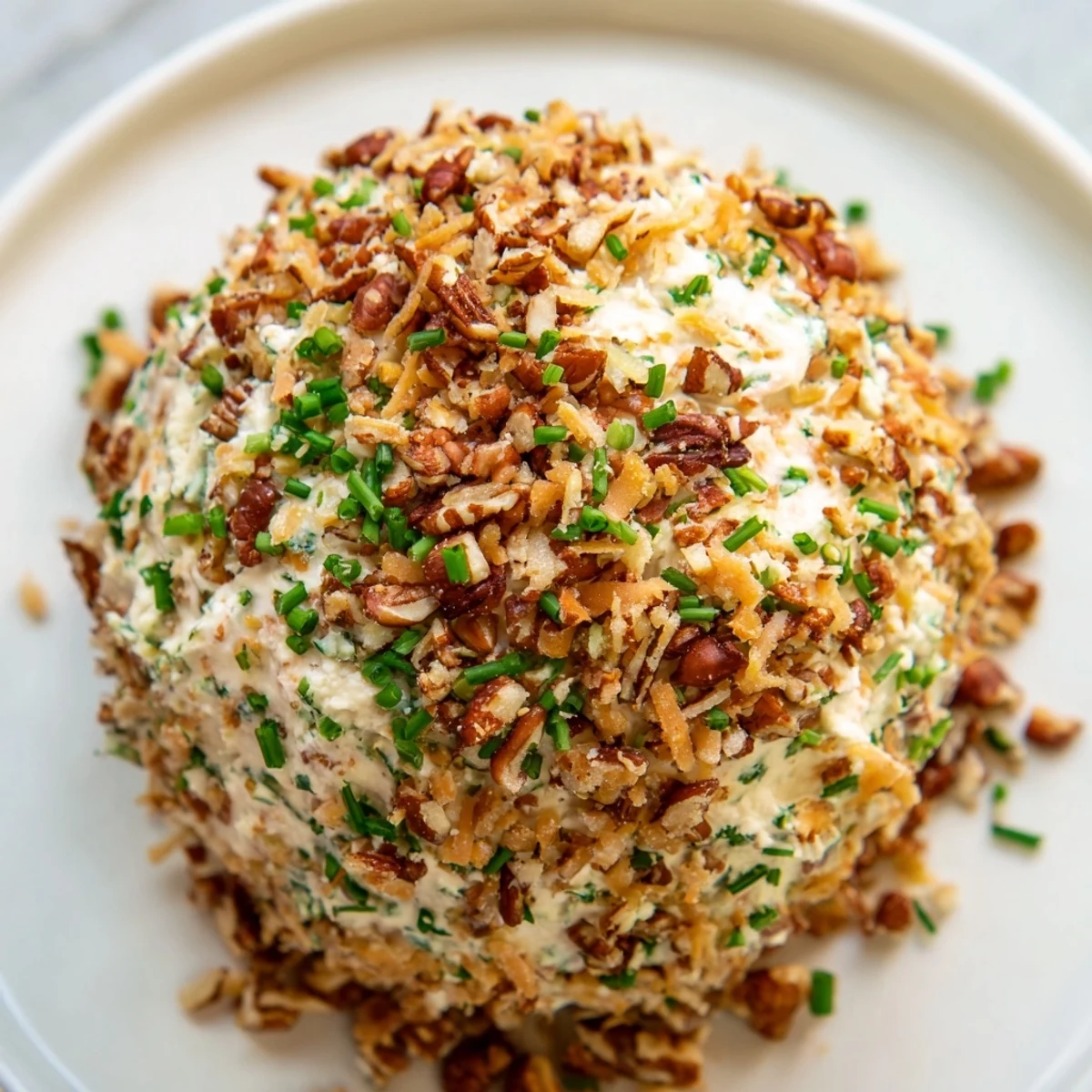A beautifully coated Classic Cheese Ball with Ranch Seasoning, ready to serve with crackers and veggies.