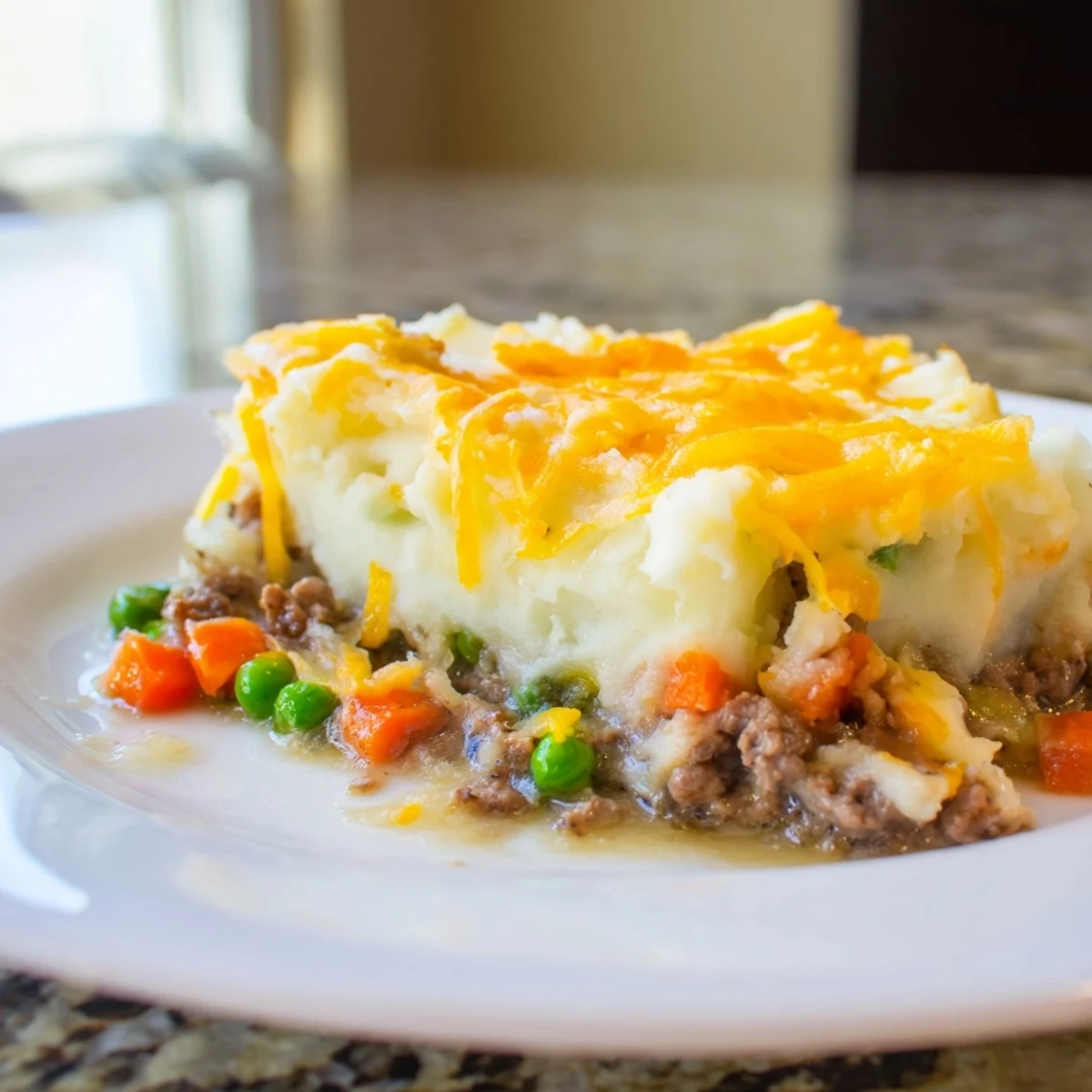 Golden brown Budget Shepherds Pie with a bubbly, savory ground beef filling, ready to serve.