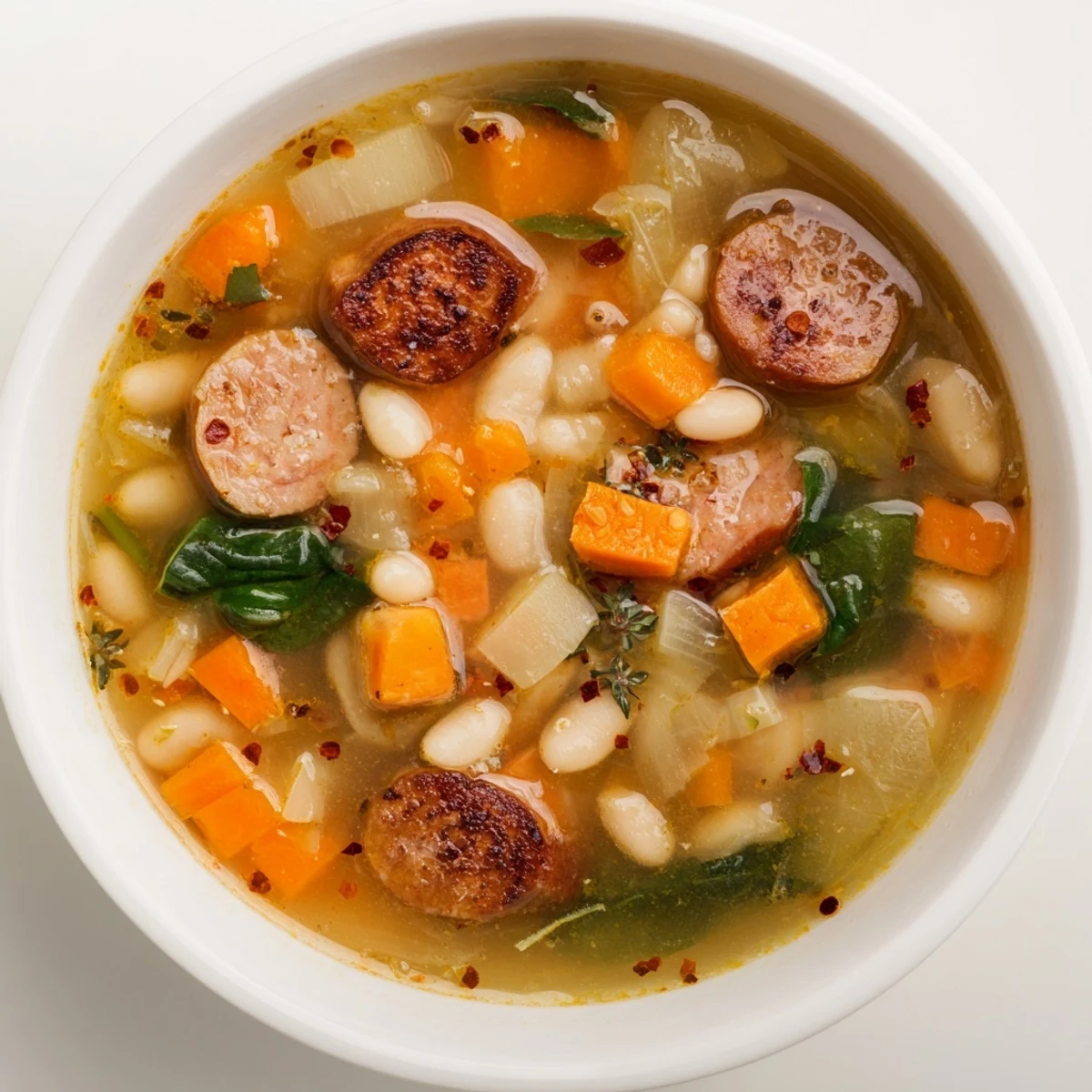 Steaming bowl of Simple Sausage and White Bean Soup, garnished, ready for a warm and comforting meal.
