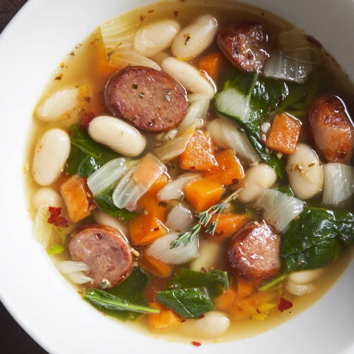 Close-up of Simple Sausage and White Bean Soup, showcasing hearty sausage and creamy white beans, perfect for a quick dinner.