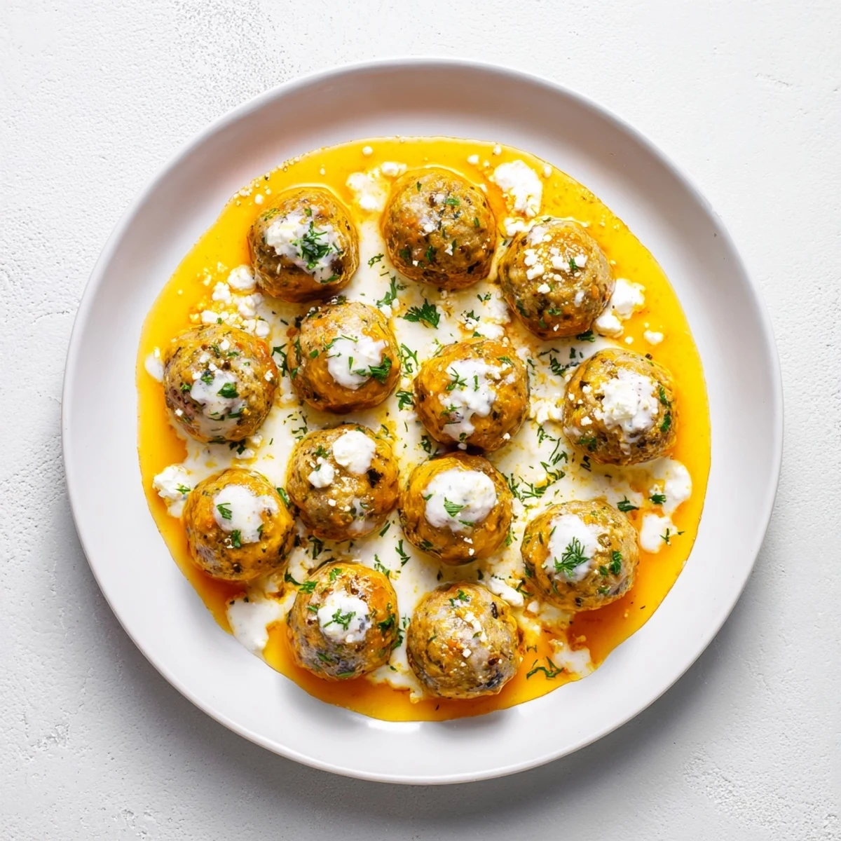 A vibrant photo of perfectly cooked Instant Pot Greek Meatballs, glistening under a luscious lemon-feta sauce.