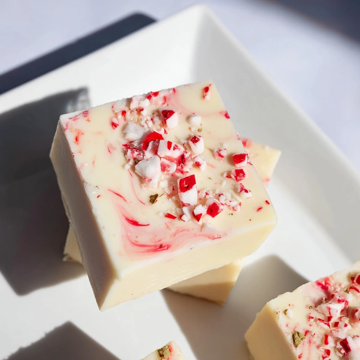 White Chocolate Peppermint Bark Fudge swirled with vibrant peppermint pieces, ready for slicing and enjoying.