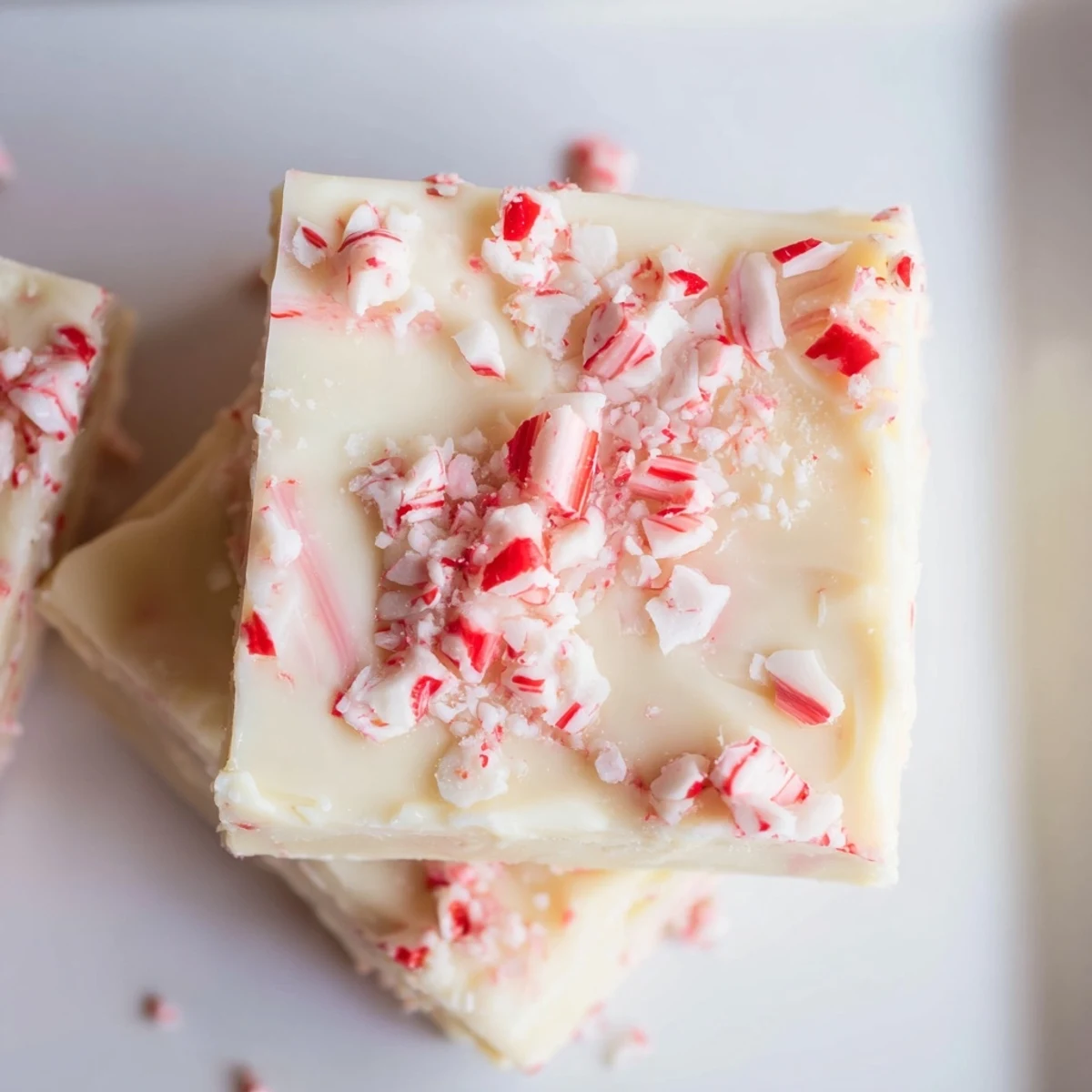 Delectable close-up of White Chocolate Peppermint Bark Fudge, a festive and quick holiday dessert to make.