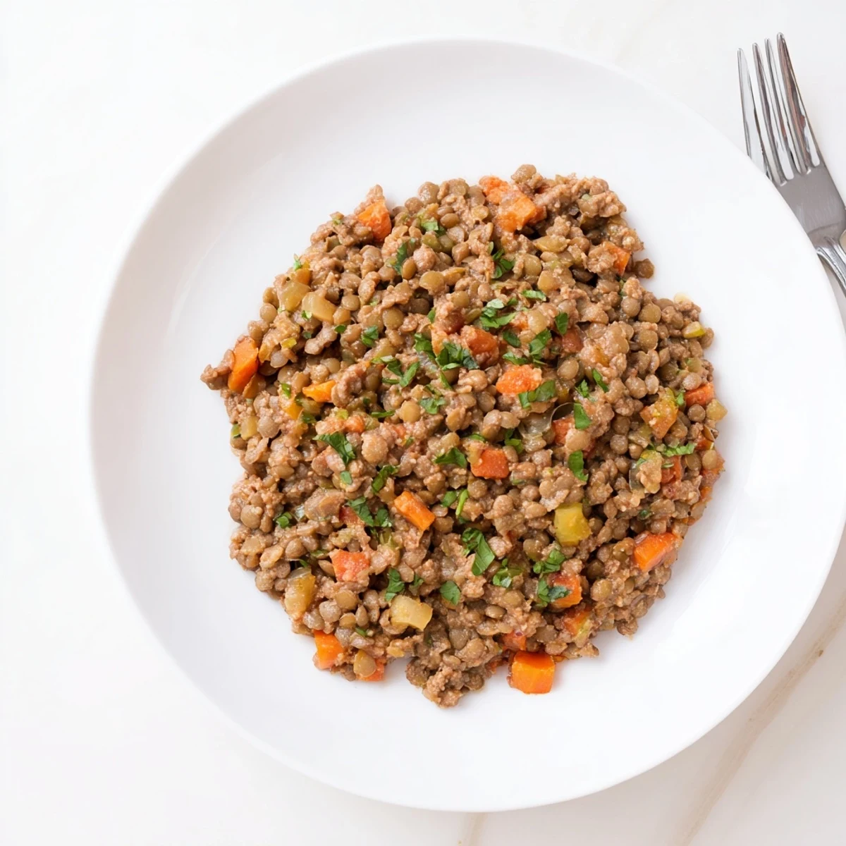 Creamy Tomato Basil Lentil Bolognese served over pasta, a comforting vegan Italian dish.