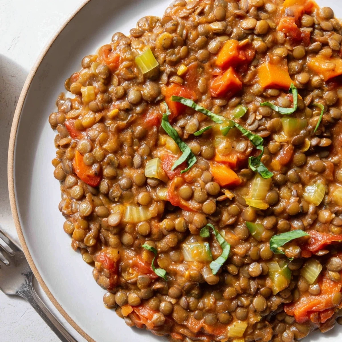 A steaming bowl of Creamy Tomato Basil Lentil Bolognese, rich with tomatoes and flavorful herbs.