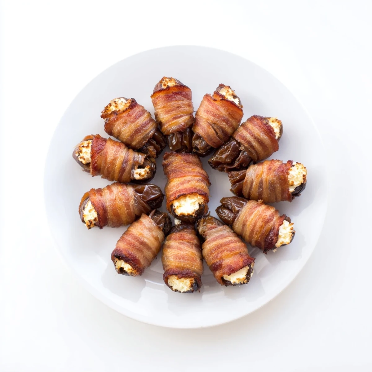 Crispy bacon-wrapped dates stuffed with creamy goat cheese, ready for serving this delicious appetizer.