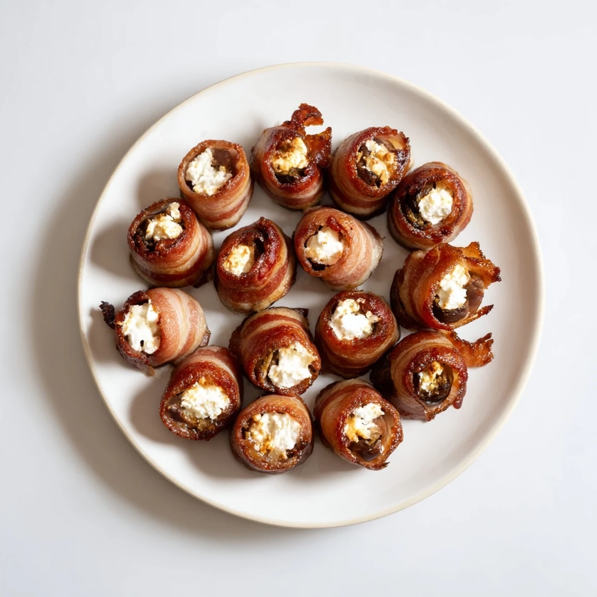 Golden, baked bacon-wrapped dates with melting goat cheese filling, perfect for your next party.