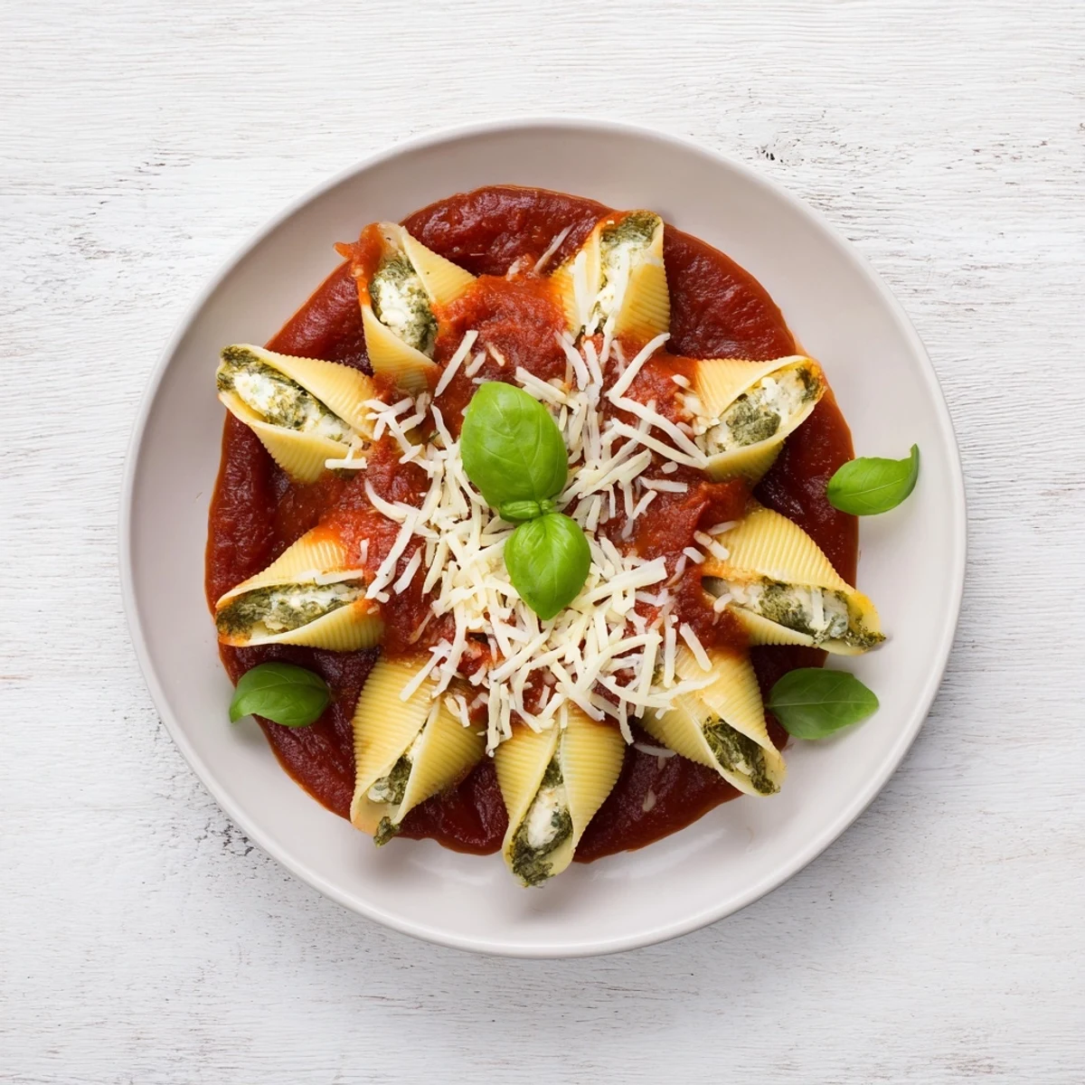 Golden brown Pesto and Ricotta Stuffed Shells, a delicious aroma, ready to serve with fresh basil garnish.