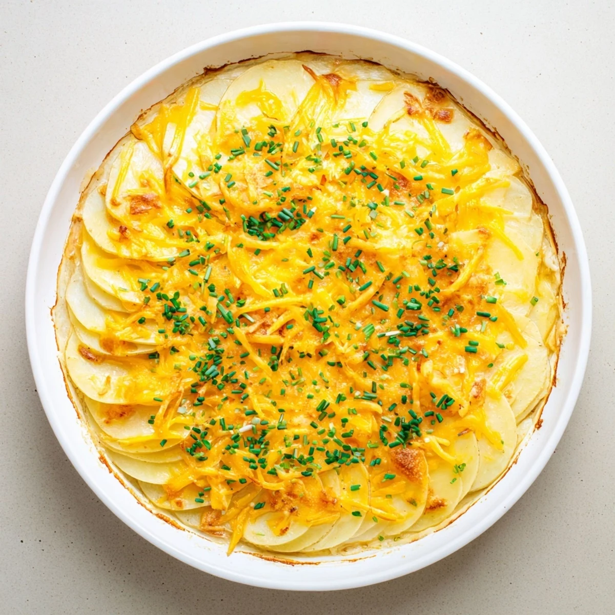 Golden, bubbly cheesy scalloped potatoes, a comforting side dish fresh from the oven, ready to serve.
