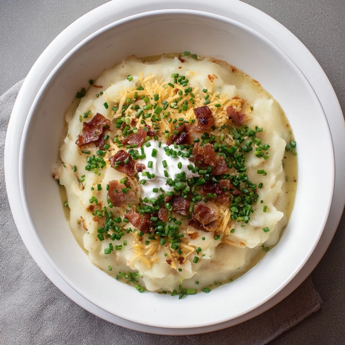 Freshly ladled The Ultimate Baked Potato Soup, garnished with crumbled bacon and a swirl of sour cream.