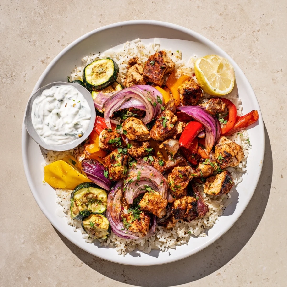Sheet Pan Chicken Shawarma, golden chicken and roasted vegetables served with pita and creamy yogurt.
