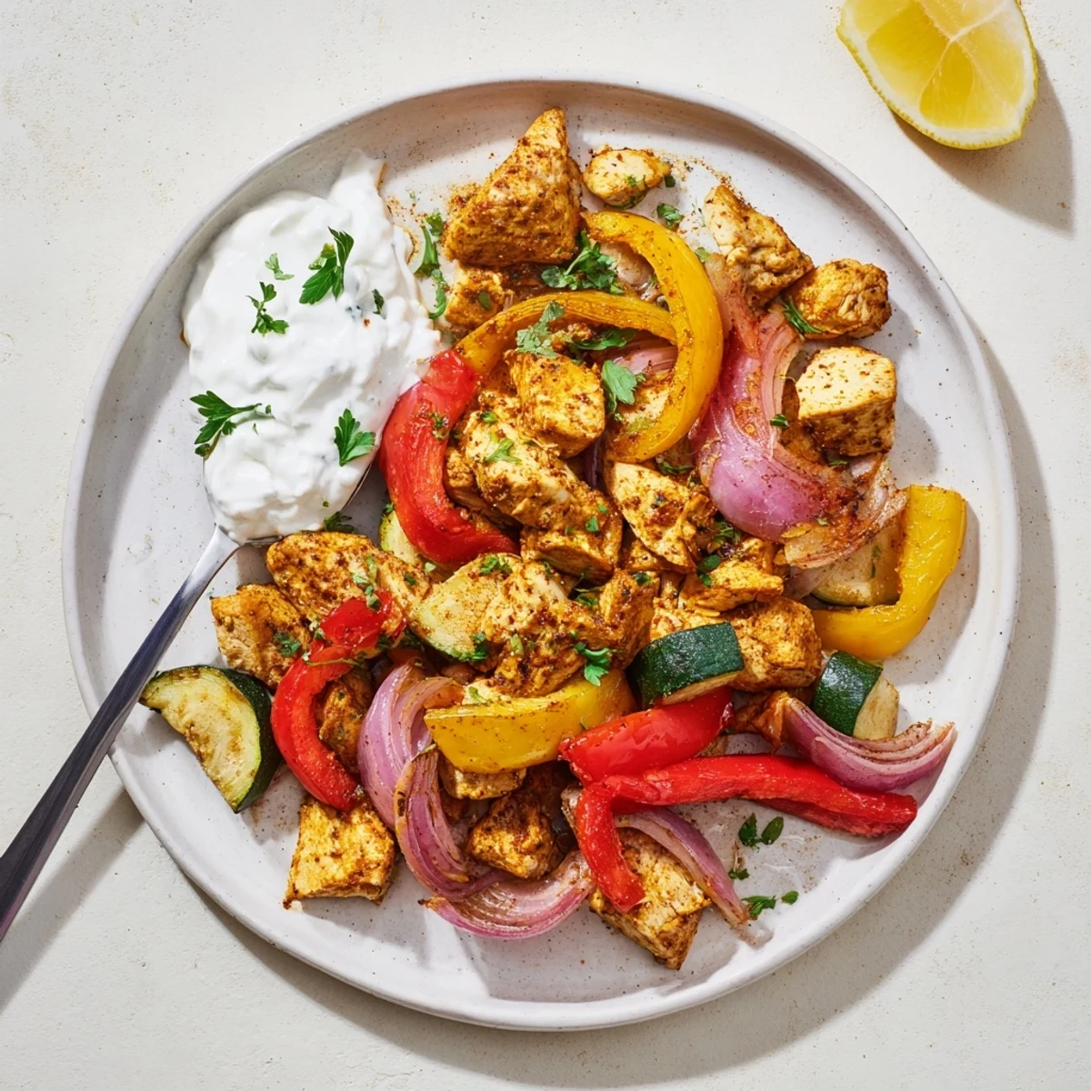 Vibrant Sheet Pan Chicken Shawarma features tender chicken thighs and colorful, seasoned vegetables, ready to serve.