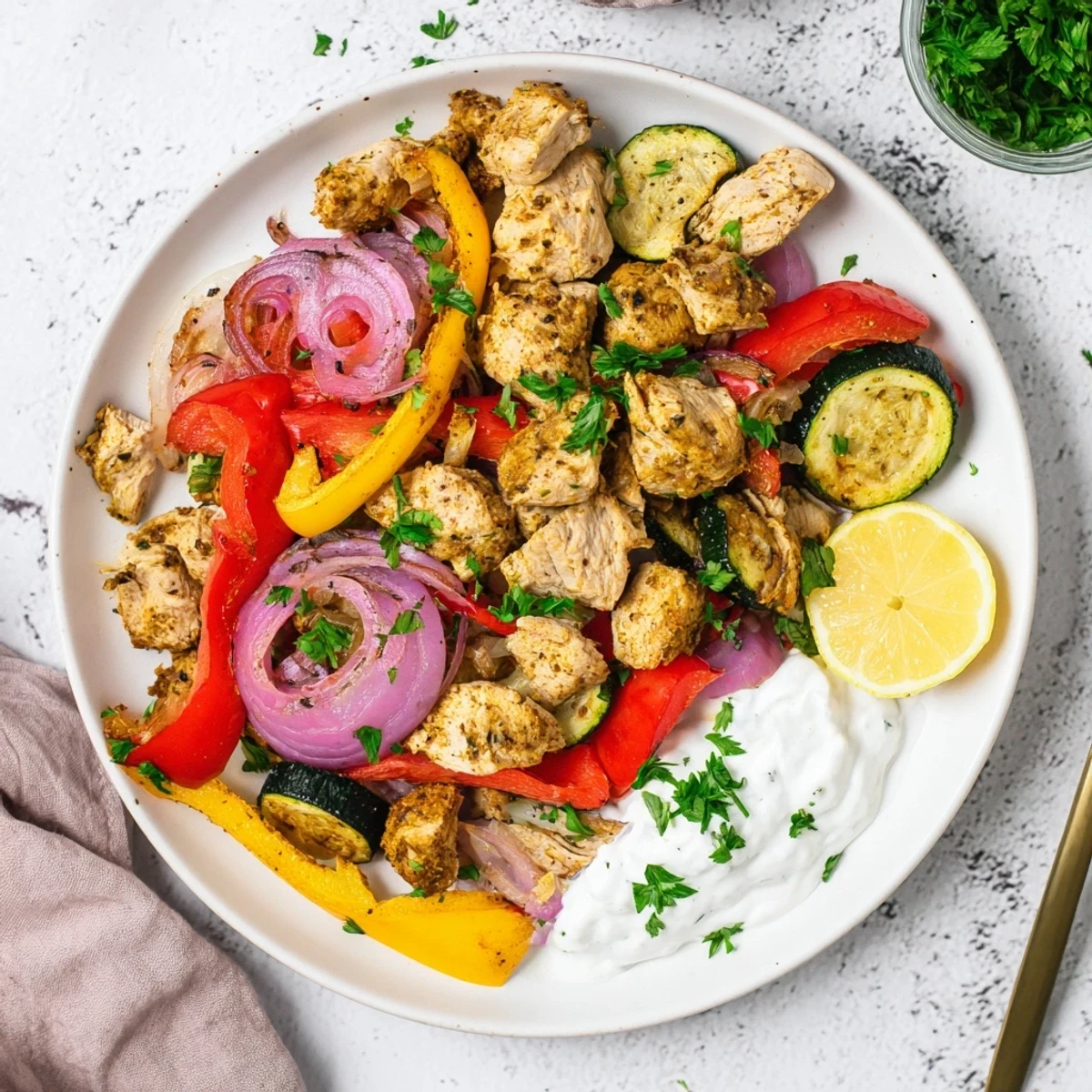 A close-up view of a steaming, delicious Sheet Pan Chicken Shawarma dinner, perfect for a flavorful weeknight.