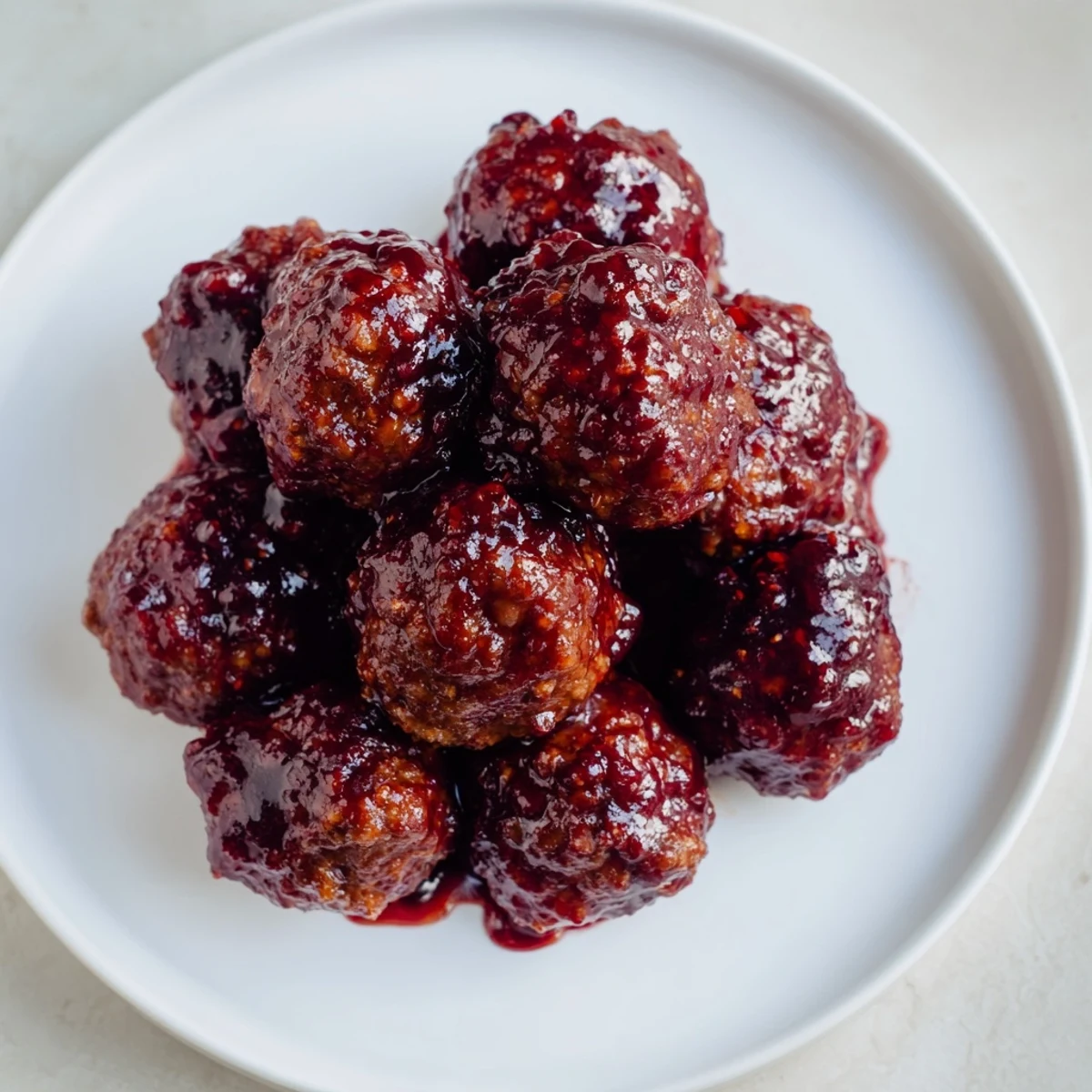 Sweet and savory cherry-glazed meatballs, ready to be served, offering a burst of flavor in every bite.