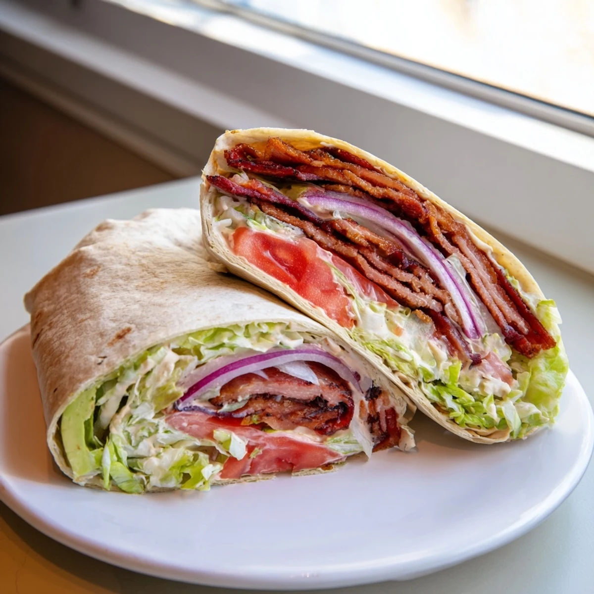 Vibrant Zesty BLT Wraps showcase layers of fresh veggies and smoky bacon in a tortilla.