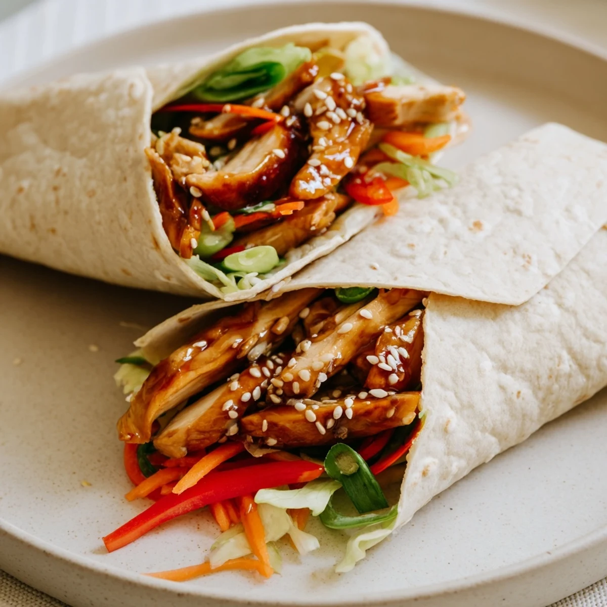 Imagine the flavors of this teriyaki chicken wrap, a quick and easy homemade meal.
