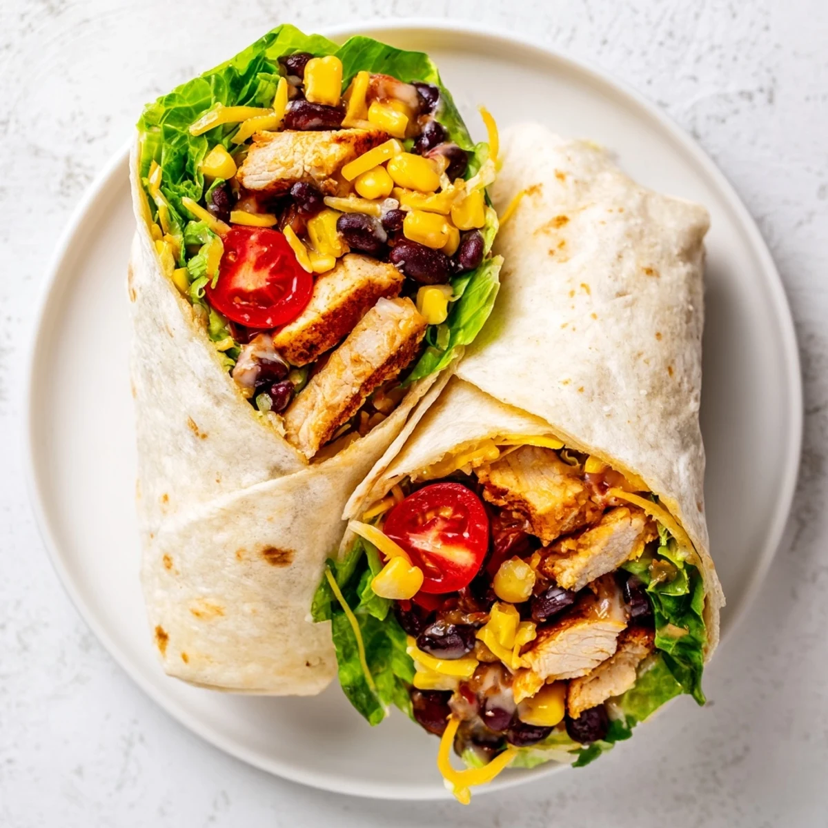 Image of juicy Southwest Chicken Wrap, filled with chicken, cheese, and fresh veggies.