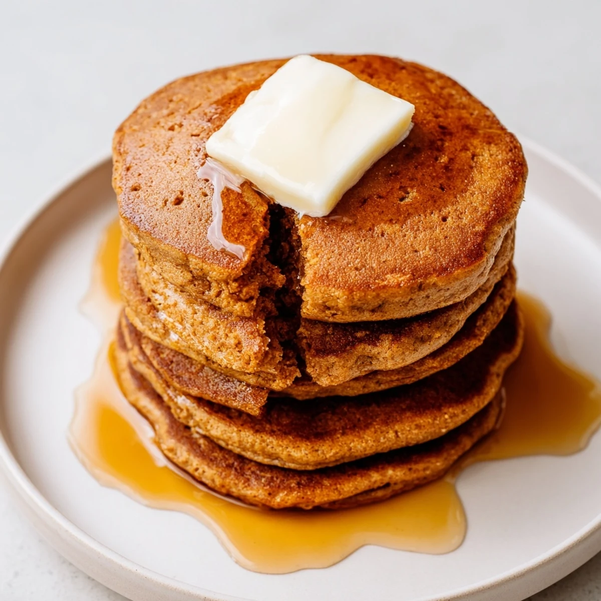 Golden-brown Gingerbread Pancakes, ready to be drizzled with maple syrup for a delicious breakfast.