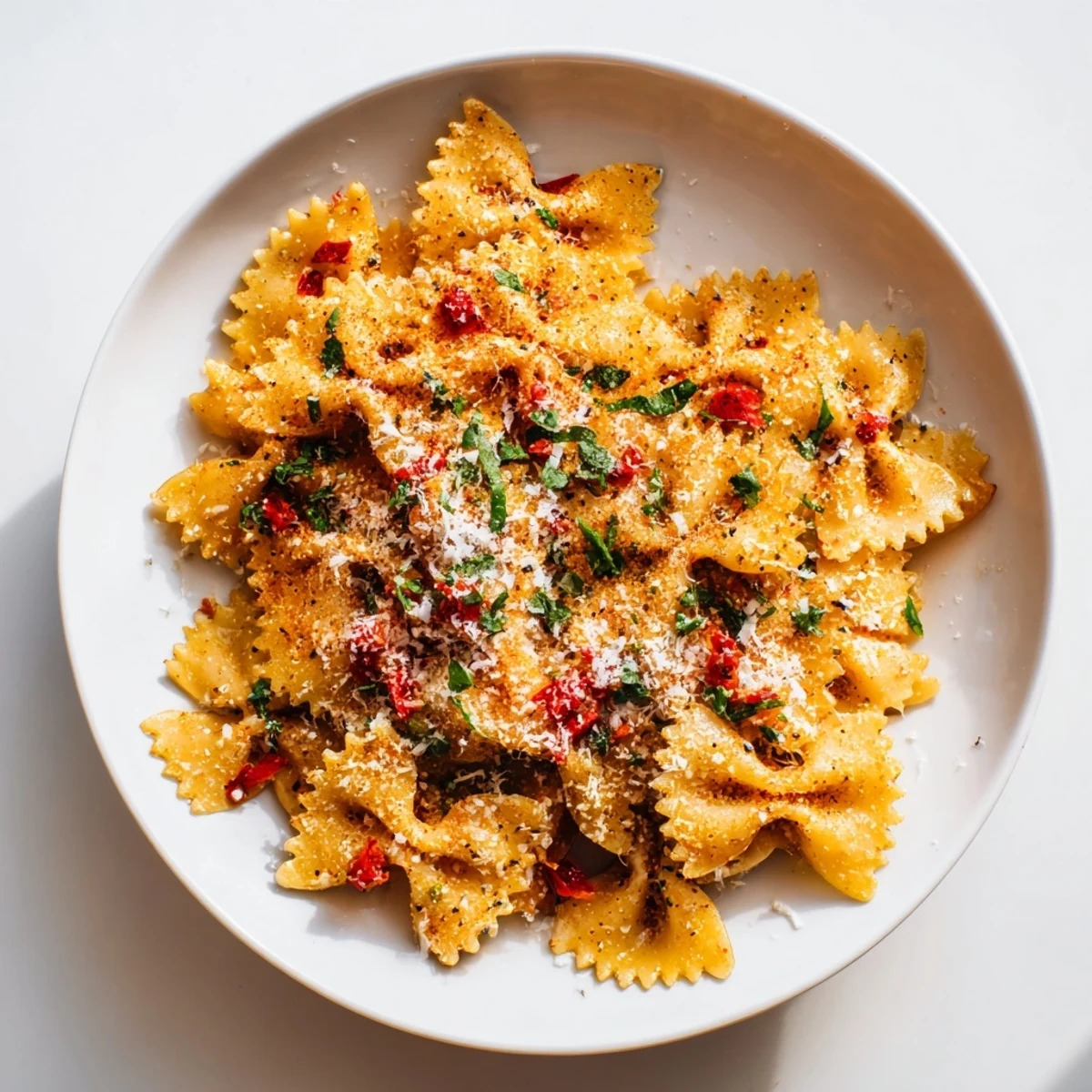 A close-up of baked Lightened Christmas Pasta Chips, a festive and flavorful vegetarian appetizer.