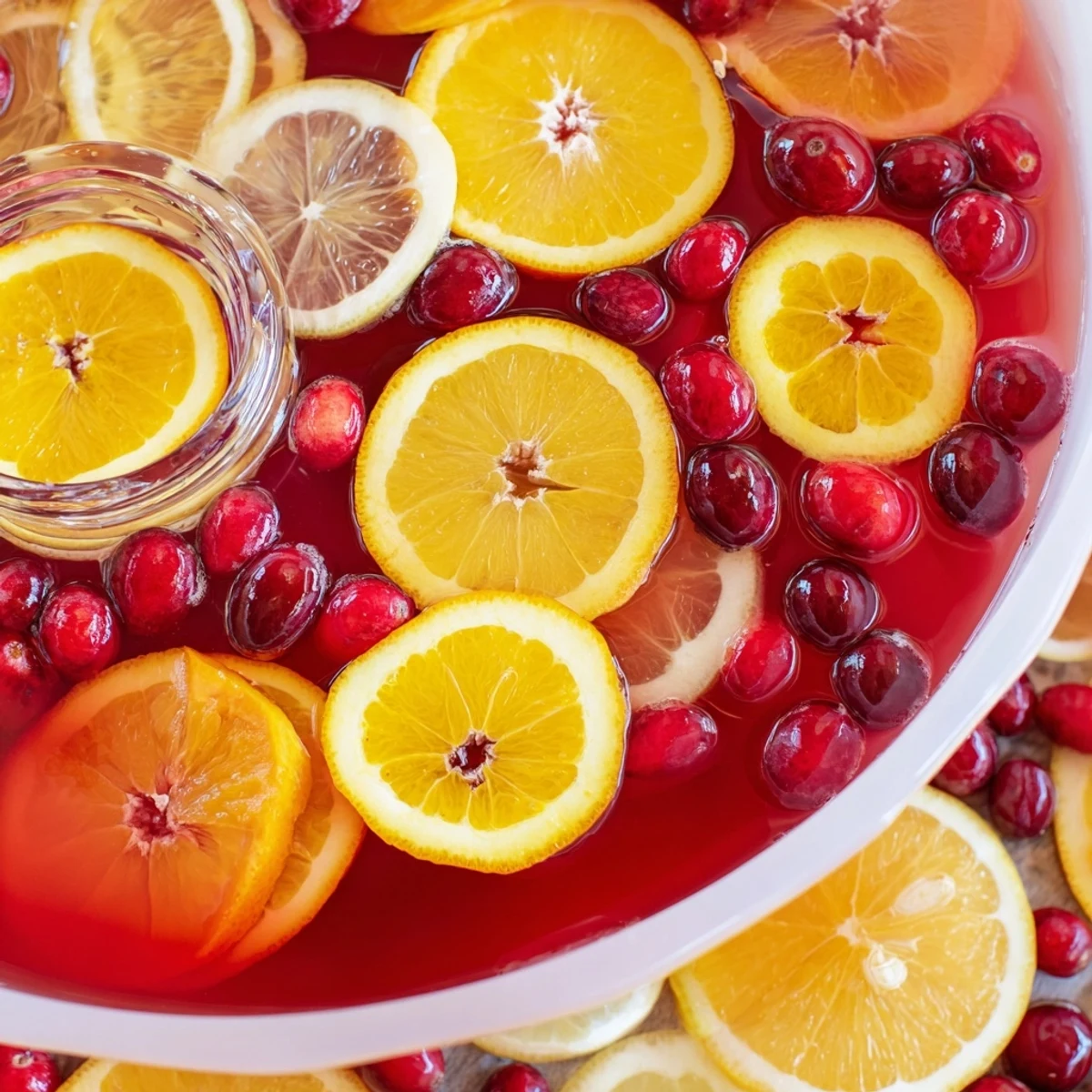 Holiday punch photo with a bright, festive ice ring studded with fruit, ready to serve.